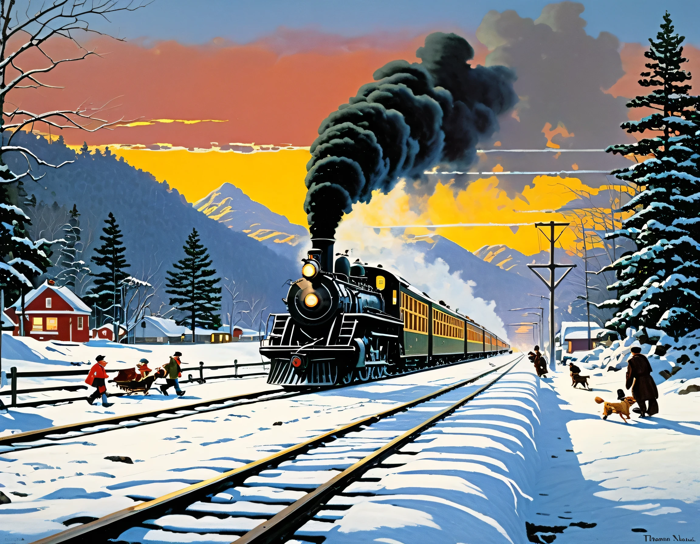 A painting of a train and a dog running on the tracks, Illustrations inspired by John Philip Falter, tumbler, American Landscape Painting, polar express, Norman Rockwell Akihiko Yoshida, winter 1941, ( Art Fitzpatrick ), ( Thomas Kinkade ), Thomas Kinkade cfg _ Scale 9, and Norman Rockwell, ( ( Thomas Kinkade ) )、There are a lot of people、sunset
