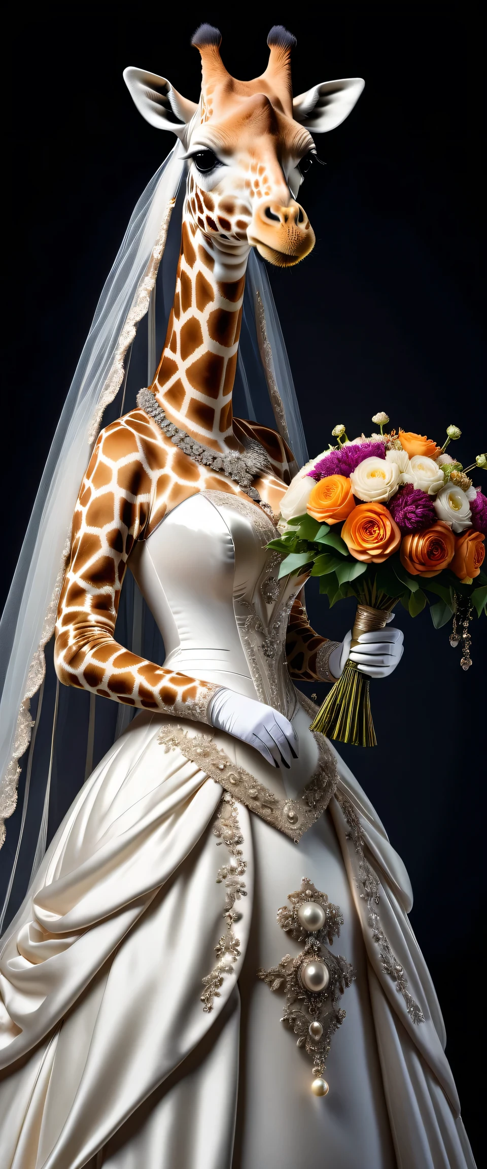 photorealistic portrait of Dressed animals - a ((fat)) giraffe bride,(elegant pose),(closed mouth),(furry), high quality,(lovely) ,intricate details, highly detailed (gothic wedding dress)),wearing opera globes ,wearing highly detailed veil, highly detailed decorations ,holding flower bouquet, (happy), studio lighting,(full body image:2.0)
