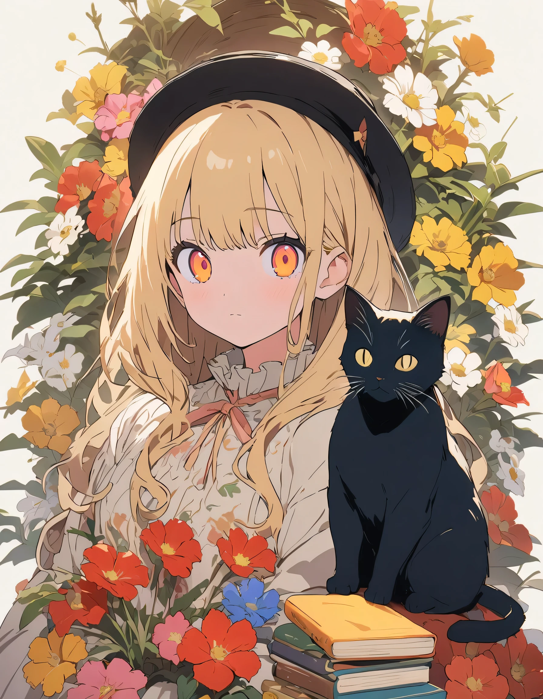 anime style, blond girl with a black hat sitting on top of books and a cat, patterned background, full body portrait, surrounded by flowers and plants, retro patterns, dark green and light yellow, intricate details, high resolution, vintage style. --ar 3:4 --niji 6 --s 1000 --style raw,((figure、High quality 8k))、(highest quality、masterpiece、High resolution、detailed)、anime style、Flat Style, BREAK,flat color, flat shading、extremely detailed、eyes shining colors illuminated light, Delicate and beautiful face, (The Shining), Best lighting, Best Shadow、High saturation,Dynamic Angle、Moe anime official art、anime