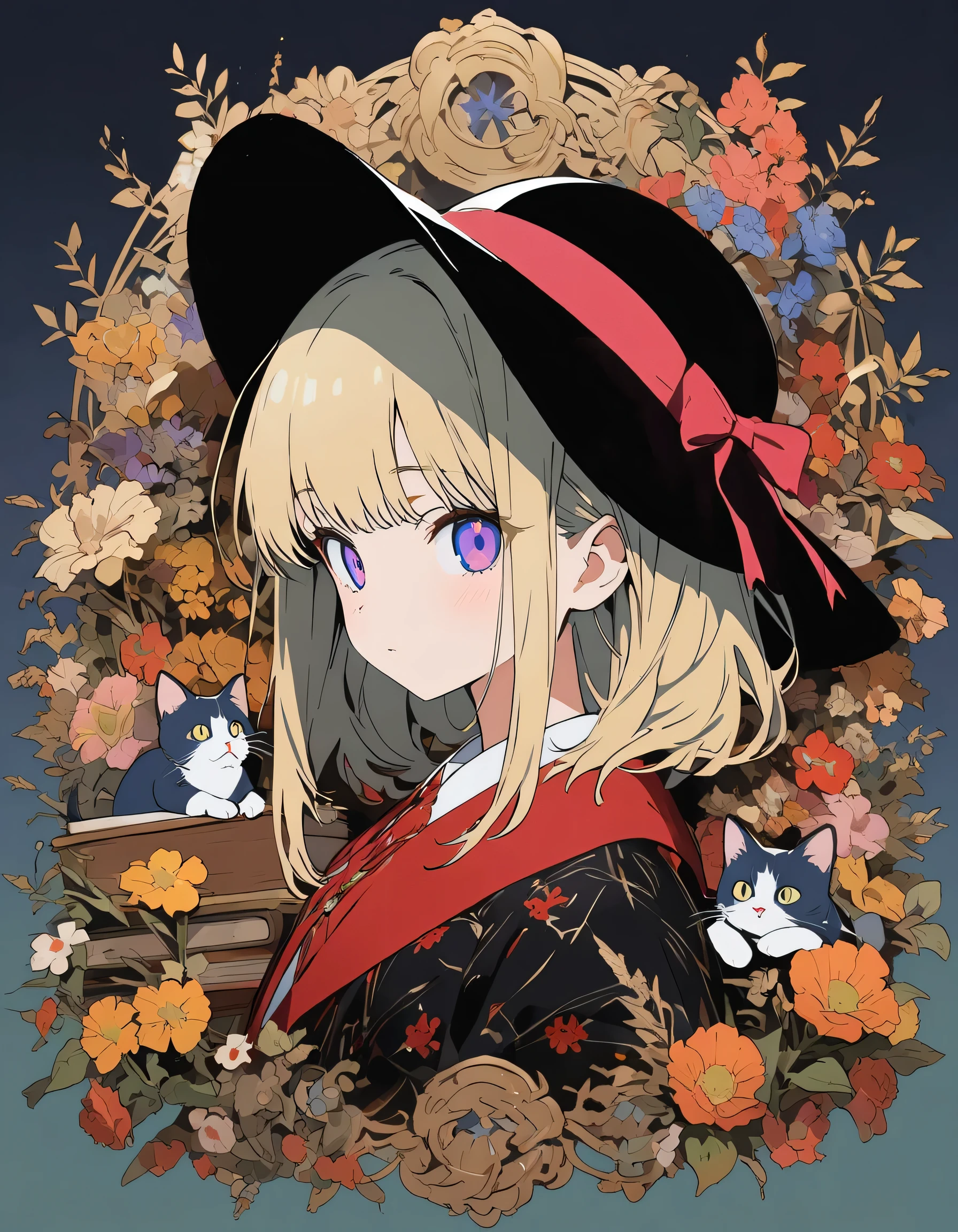 anime style, blond girl with a black hat sitting on top of books and a cat, patterned background, full body portrait, surrounded by flowers and plants, retro patterns, dark green and light yellow, intricate details, high resolution, vintage style. --ar 3:4 --niji 6 --s 1000 --style raw,((figure、High quality 8k))、(highest quality、masterpiece、High resolution、detailed)、anime style、Flat Style, BREAK,flat color, flat shading、extremely detailed、eyes shining colors illuminated light, Delicate and beautiful face, (The Shining), Best lighting, Best Shadow、High saturation,Dynamic Angle、Moe anime official art、anime