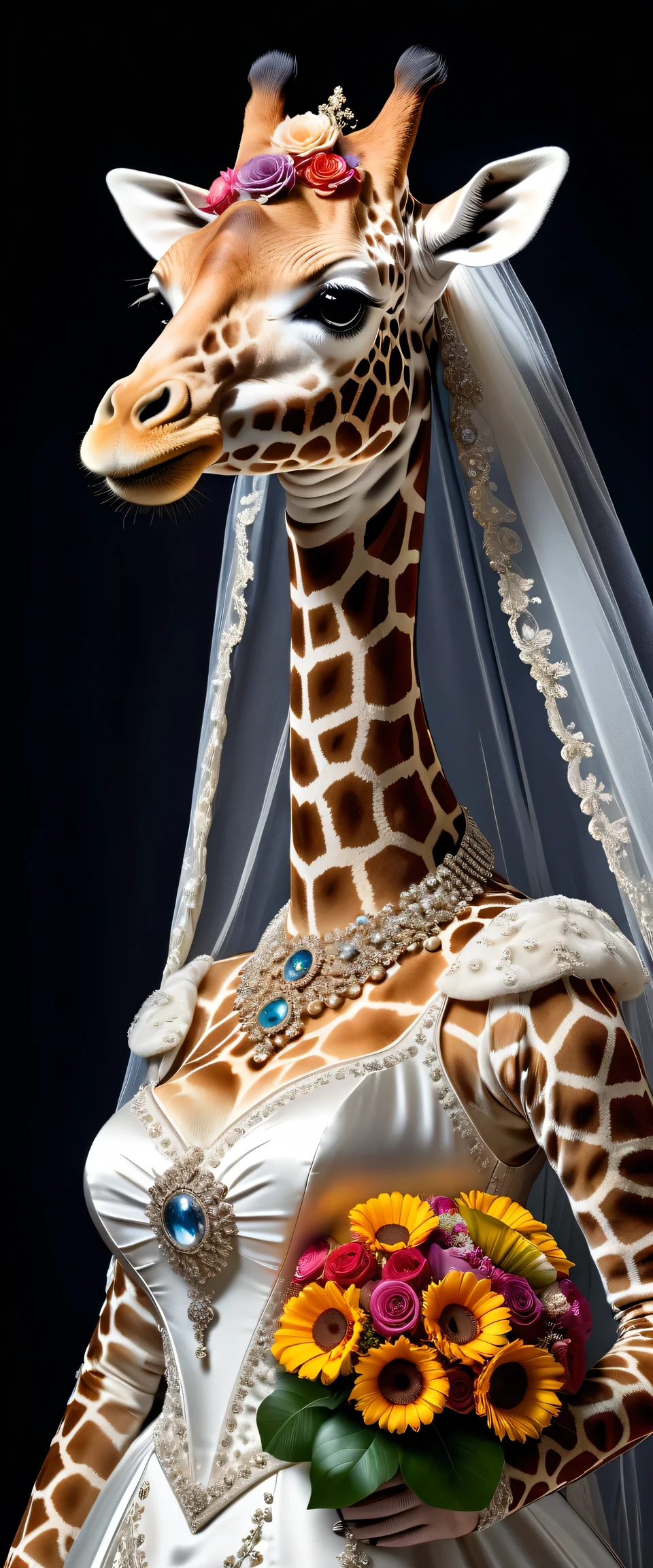 photorealistic portrait of Dressed animals - a ((fat)) giraffe bride,(elegant pose),(closed mouth),(furry), high quality,(lovely) ,intricate details, highly detailed (gothic wedding dress)),wearing opera globes ,wearing highly detailed veil, highly detailed decorations ,holding flower bouquet, (happy), studio lighting,(full body image from head to toe:2.0)