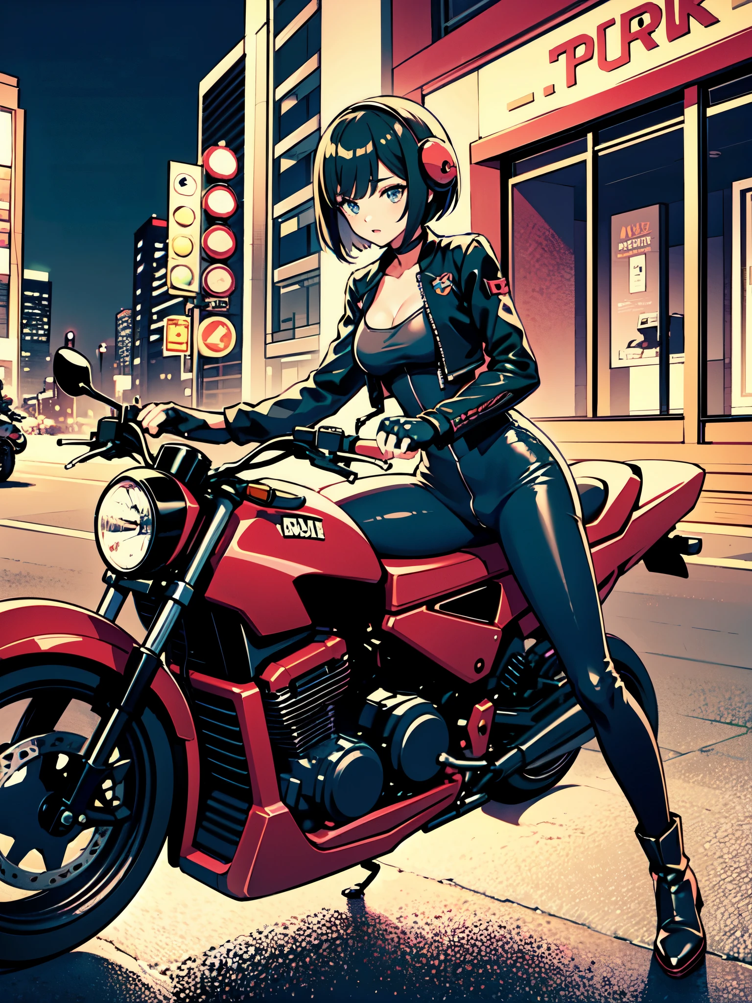 best quality, masterpiece, highres, 1girl, solo, solo focus, blue bodysuit, red bodice, black boots, black leather jacket, fingerless gloves, black hair, short hair, wavy hair, hazel eyes, beautiful detailed eyes, beautiful detailed face, (perfect hands), perfect anatomy, perfect proportions, medium breasts, helmet, mecha, (motorcycle, on motorcycle, sitting on motorcycle, riding on motorcycle), vehicle focus, New York street backdrop, night noir atmosphere)