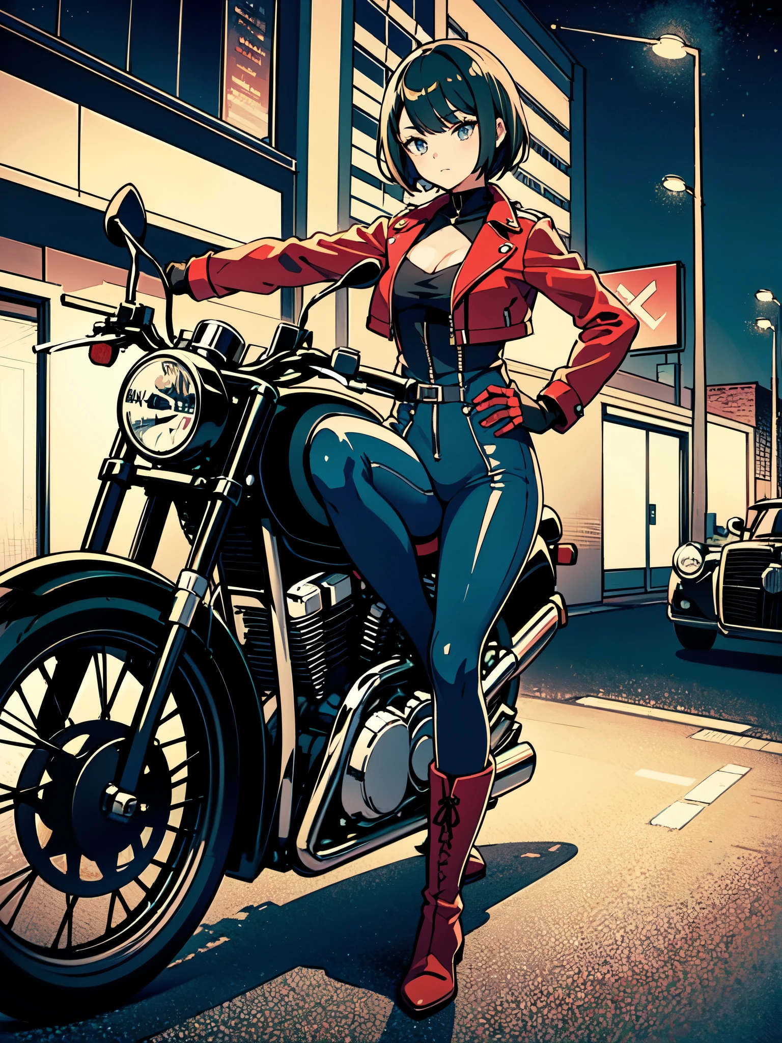 best quality, masterpiece, highres, 1girl, solo, solo focus, blue bodysuit, red bodice, black boots, black leather jacket, fingerless gloves, black hair, short hair, wavy hair, hazel eyes, beautiful detailed eyes, beautiful detailed face, (perfect hands), perfect anatomy, perfect proportions, medium breasts, helmet, mecha, (motorcycle, on motorcycle, sitting on motorcycle, riding on motorcycle), vehicle focus, New York street backdrop, night noir atmosphere)