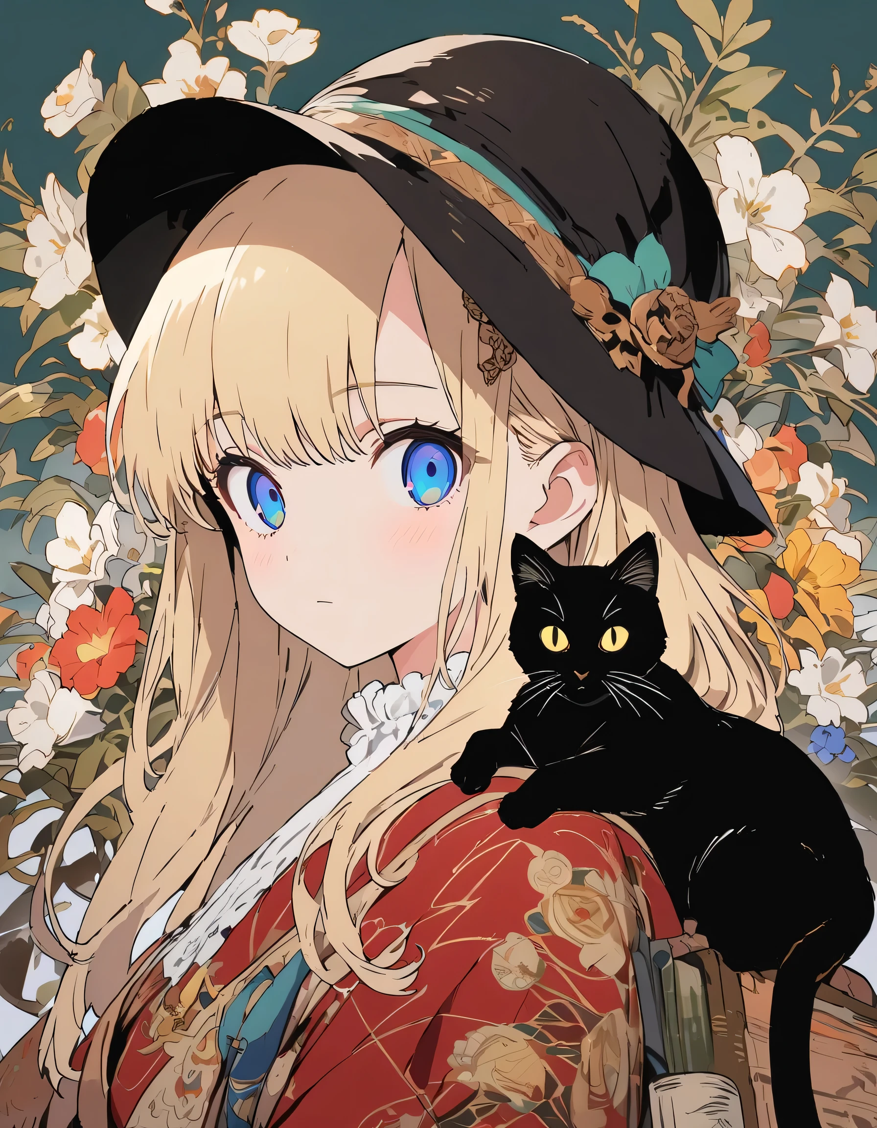 anime style, blond girl with a black hat sitting on top of books and a cat, patterned background, full body portrait, surrounded by flowers and plants, retro patterns, dark green and light yellow, intricate details, high resolution, vintage style. --ar 3:4 --niji 6 --s 1000 --style raw,((figure、High quality 8k))、(highest quality、masterpiece、High resolution、detailed)、anime style、Flat Style, BREAK,flat color, flat shading、extremely detailed、eyes shining  colors illuminated light, Delicate and beautiful face, (The Shining), Best lighting, Best Shadow、High saturation,Dynamic Angle、Moe anime official art、anime