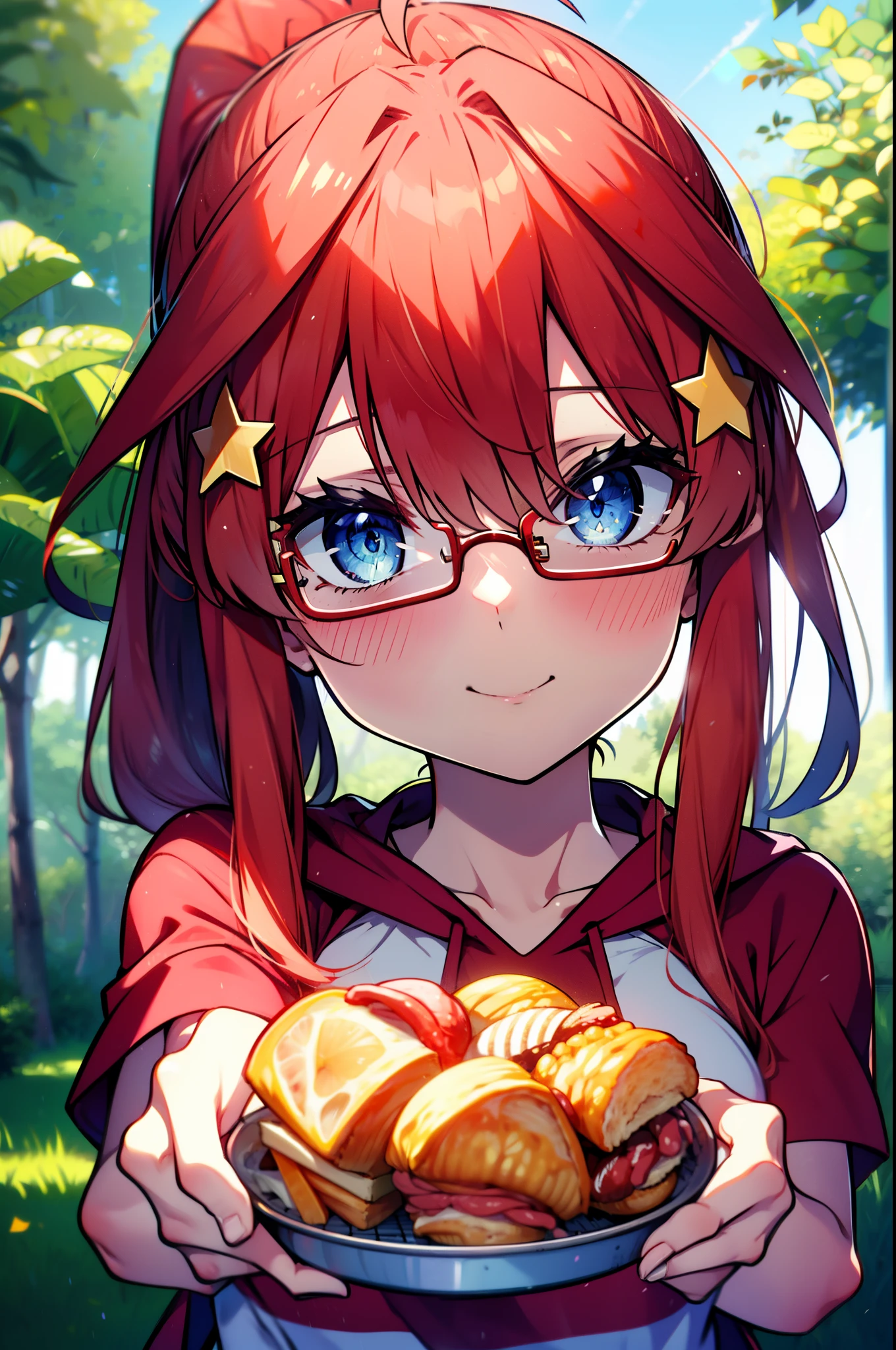 itsukinakano, Itsuki Nakano, bangs, blue eyes, Hair between the eyes, Ahoge, Redhead, star \(symbol\), hair ornaments, star hair ornaments,Akagi glasses, tooth, smile, Open your mouth,ponytail,Red hoodie,Short sleeve,Baseball cap,Food Up,Red Tank Top Shirt,Short denim,Red Knee High Socks,High Top Sneakers,Daytime,sunny,Real Summer,barbecue,tent,
break looking at viewer, Upper Body, whole body,(Cowboy Shot:1. 5)
break outdoors, forest, nature,camp site,
break (masterpiece:1.2), highest quality, High resolution, unity 8k wallpaper, (shape:0.8), (Beautiful details:1.6), Highly detailed face, Perfect lighting, Extremely detailed CG, (Perfect hands, Perfect Anatomy),