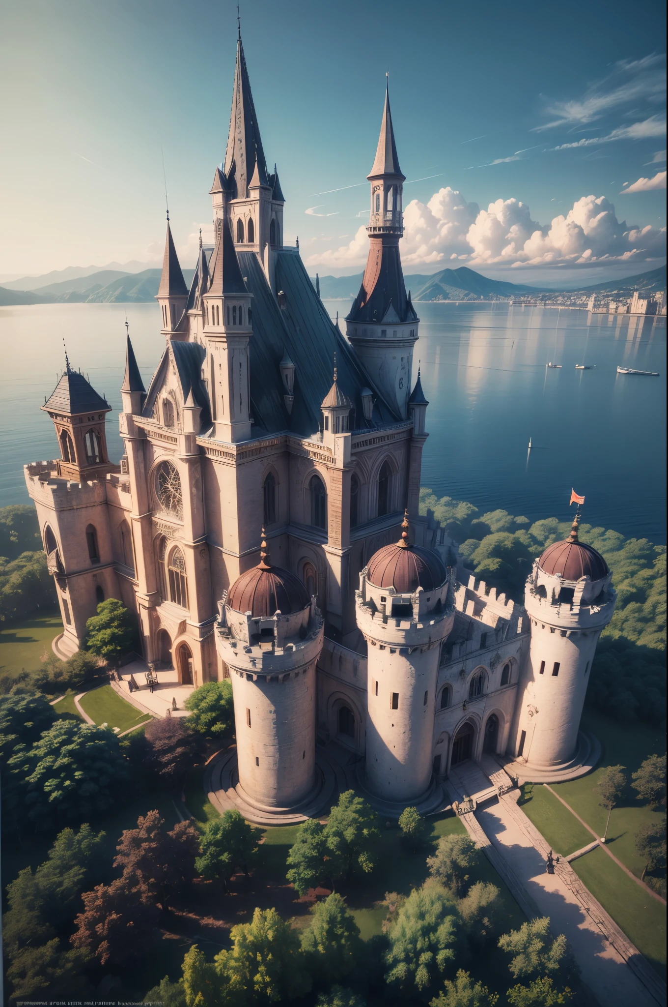 On the misty lakeside stands a dreamy castle. The castle towered into the clouds, its spires and spires sparkling in the morning light, as if cast with the light of stars. The outer walls of the castle are adorned with gemstones and precious gemstones, emitting a colorful light that illuminates the entire lake. The interior of the castle is a mysterious maze, with intricate corridors leading to countless mysterious rooms. Each room is decorated with magnificent murals and exquisite carvings, exuding an ancient and mysterious atmosphere. At the center of the castle is a huge palace, with an incredibly luxurious interior. The magnificent palace decorations, huge crystal chandeliers, and magnificent walls make people feel like they are in a fairyland.,Dream colors,Best quality,UHD,16K,high resolution,HDR,octane rendering,Blender,photorealistic,3D rendering,hyper realistic,Retro-futurism,Award-winning,depth of field,Ultra wide view shot,cinematic style,surrealism,hyper detailed