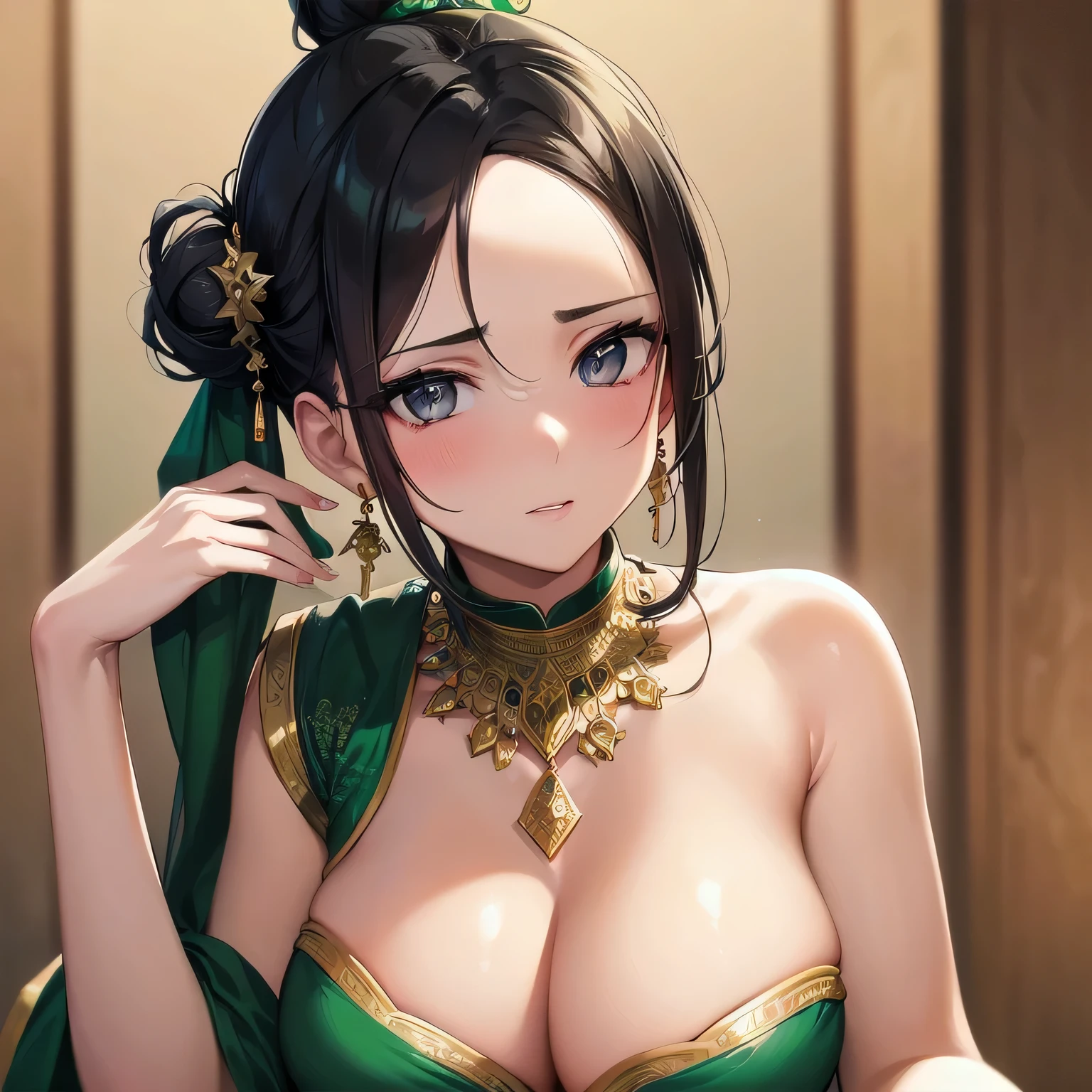 Amazing portrait of a sexy woman with a beautiful face and her hair tied in a bun wearing emerald jewellery emphasizing her beautiful face with grey eyes and fair skin and blushing intensely with her glossy lips parted wearing a dark green blouse and saree with gold patterns