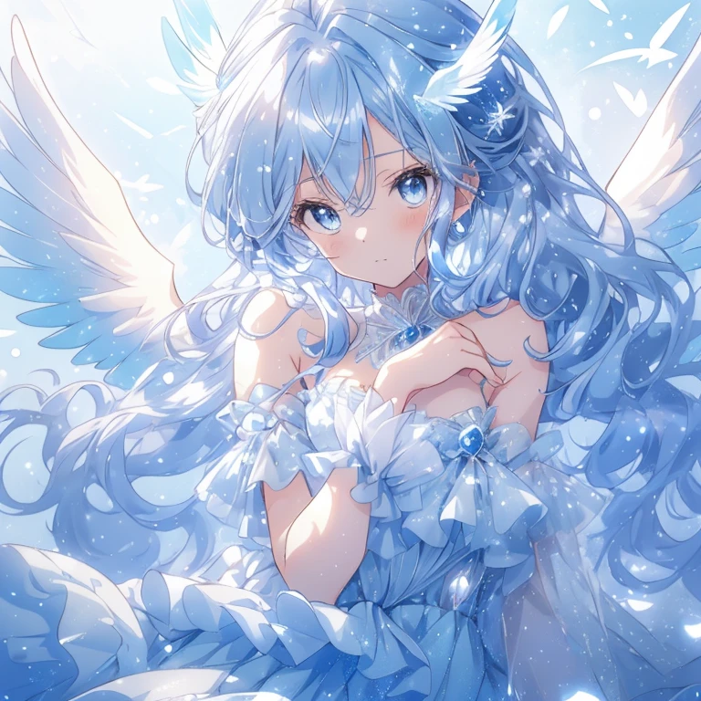 Anime-style young female angel character with long, wavy blue hair and sparkling, round blue eyes, radiating an aura of softness and gentleness. She wears a fluffy, delicate blue dress with lace and frills, and has large, translucent blue wings. The background is a soft, radiant blue that complements her serene and magical appearance.