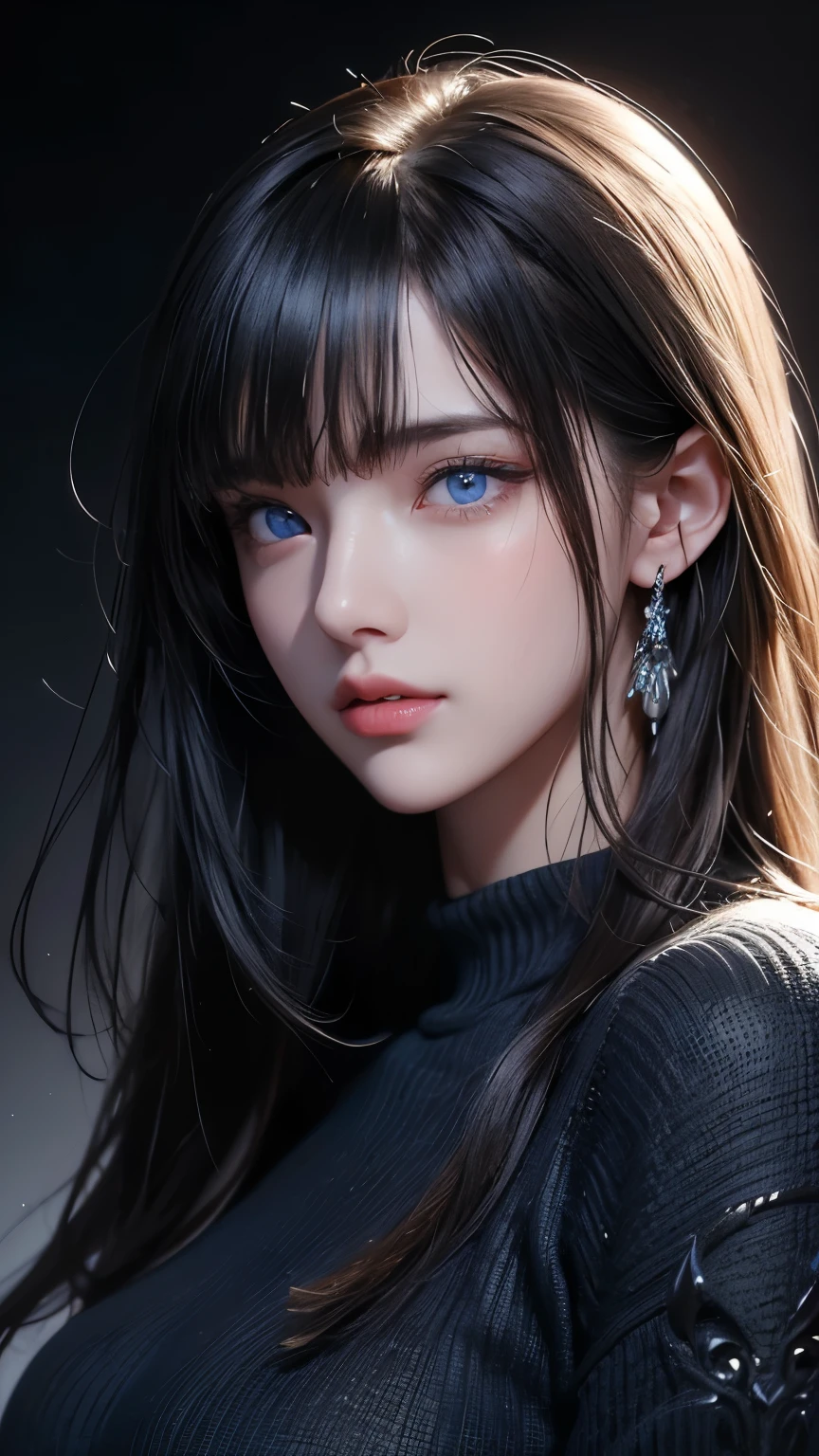 masterpiece, best quality, ultra-detailed, facing the camera head on, intricately detailed hyperdetailed, realistic, sharp features, highly detailed, sharp focus, perfect face, perfect face, perfect symmetrically perfect eyes, perfect full lips, flexible female form, cinematic, film light, hyper detailed, hyper realistic, masterpiece, atmospheric, high resolution, vibrant, dynamic studio lighting, ((Dark background)), Facial expressions when receiving pleasure, straight Bangs, blue Eyes,black sweater, cowboy shot, Big breasts,