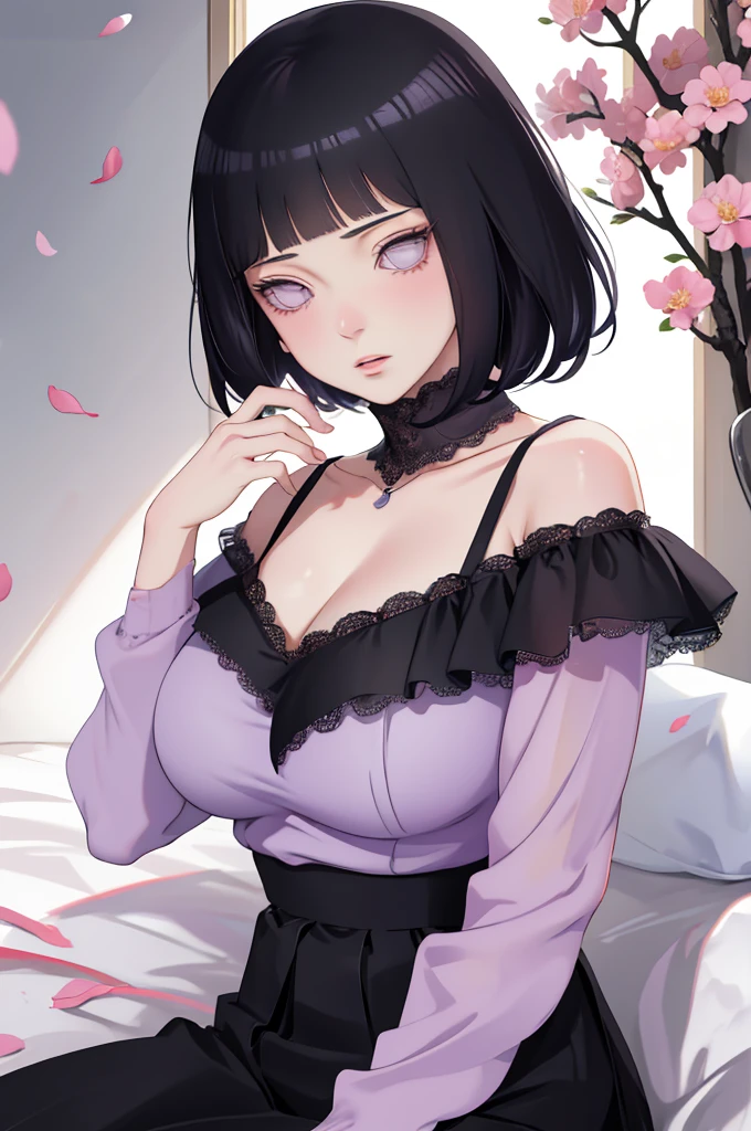{ - anatomy error} (Masterpiece - Ultra-detailed, very high resolution) (huge titusty, masterpiece, absurdres, hinata\(boruto\), 1girl, solo,mature female, off-shoulder bra, high waist black short skirt, looking at viewelling petals), perfect composition, detailed lips, big breast, beautiful face, body propotion, blush, (pink lips), short hair, (black hair), purple eyes, soft gaze, super realistic, detailed, photoshoot, realistic face and body, closed mouth, sitting on the bed , lilac eyes, upper body, lace clothes, backwards, looking back, with chin resting on shoulder, perfect fingers