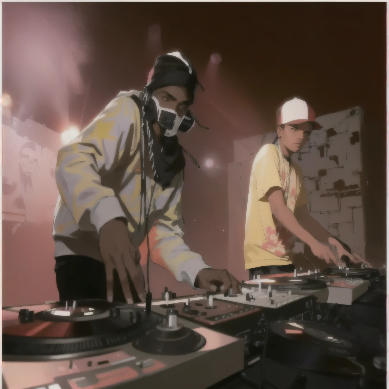 they are two men playing music on a DJ's turntables, DJing with DJ turntables, turntablism DJ scratching, toca-discos, DJ at a , DJ, turntables, DJ set, 2 rappers no palco em show, hip-hop, hip-hop, artista desconhecido, artista desconhecido, DJ sura, absolutamente, realizando um videoclipe