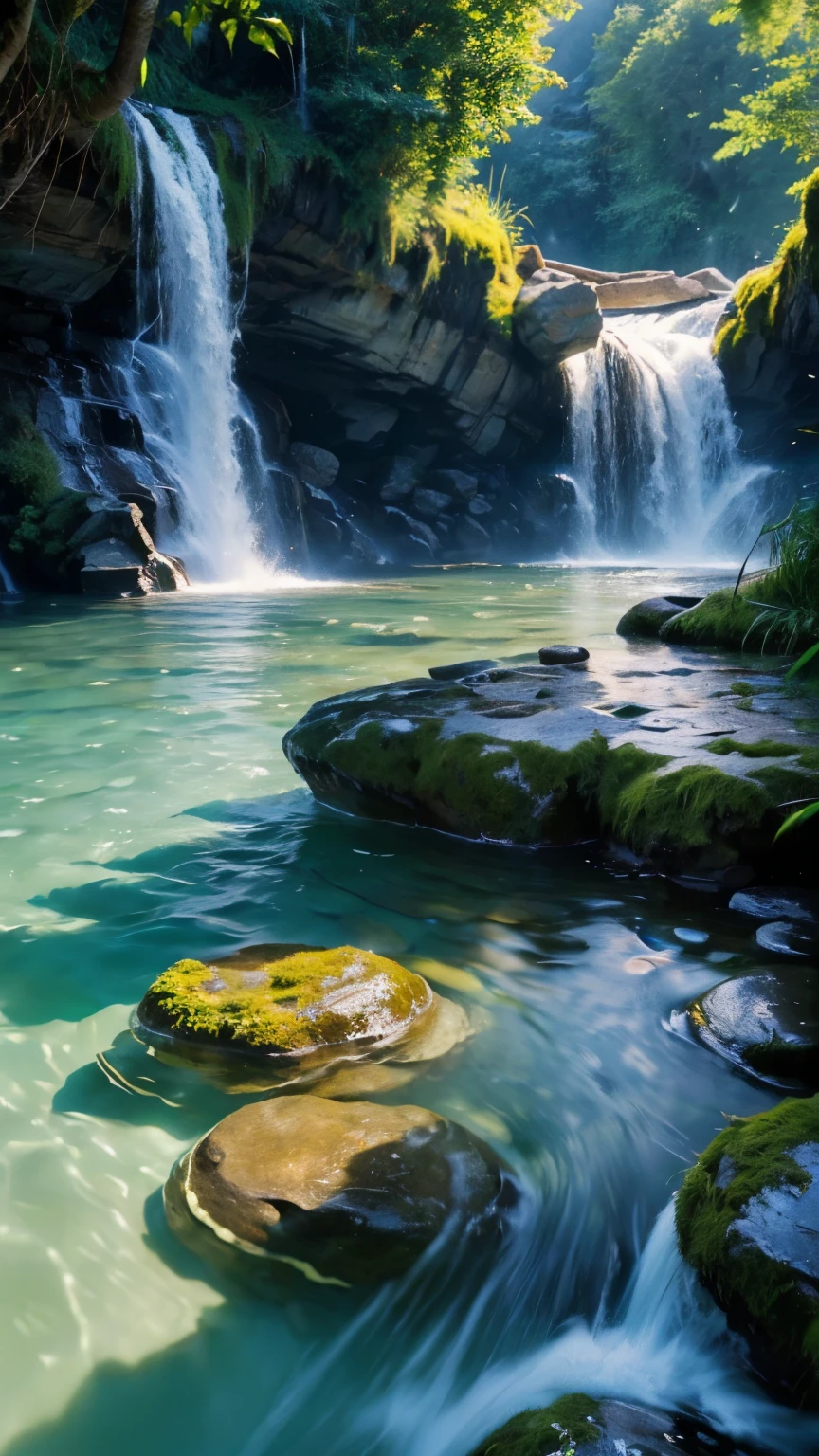 (Logo, amazing, 8k, table top, RAW photo, amazing, top quality, photorealistic and highly detailed, CG, high quality, highly detailed, narrative poetry, particle effects, dynamic effects, text border depth, cinematic light, lens flare, ray tracing, (table top, real, ultra HD, fantasy), beautiful water, splashing, flowing water, swirling water, great beauty, beauty and brilliance of crystal clear green water, stillness and beauty of water, wonderful landscape, beautiful natural water, green, wind, wonder, wonderful, wide lens shot,