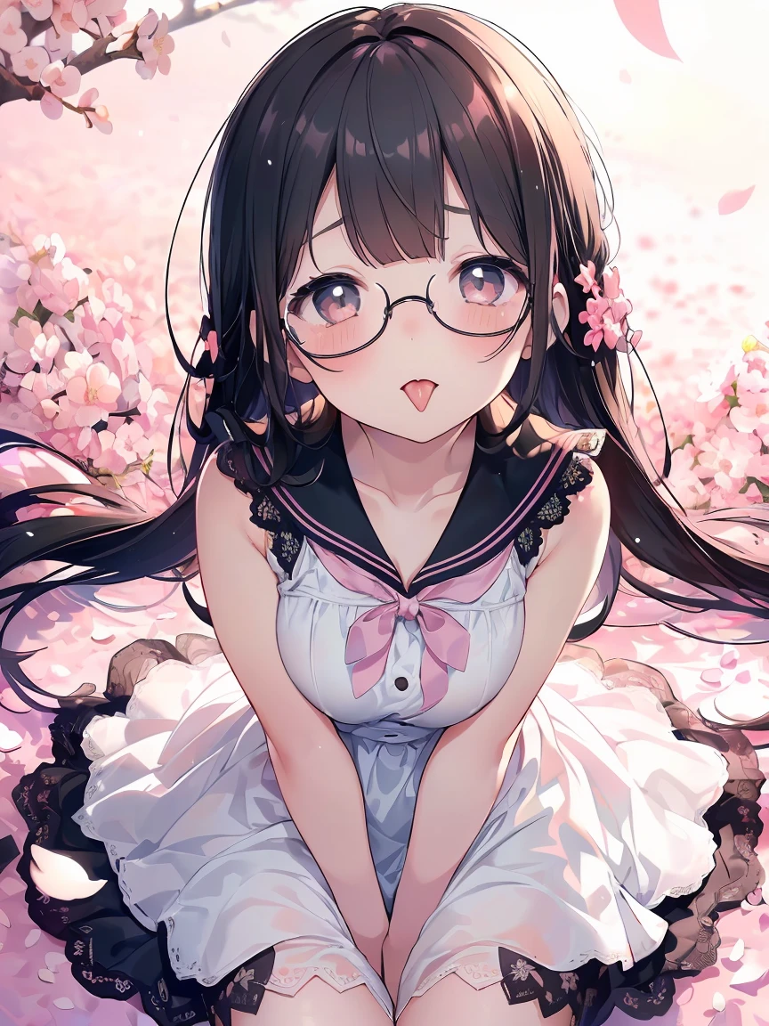 Very detailed, highest quality, High resolution, Moe Anime, ((A cute elementary school girl with black hair and droopy eyes)), ((Wearing large round glasses:1.4)), (Baby Face), Cute eyes, Detailed eye depiction, Sparkle in the eyes, View your viewers, Pale skin, (Big eyes:1.4, Droopy eyes:1.4, Fatty face:1.4), smile, Focus on the face, In the park with cherry blossoms falling, Sitting, (Extreme close up of tongue), (((From above))), Open your mouth, (((Face only:1.3))), ((white lace sleeveless dress)), Bright Eyes, Light from the front, (Put your hands between your legs:1.4), large and long tongue, Cleavage, Straight long hair, Pink ribbon