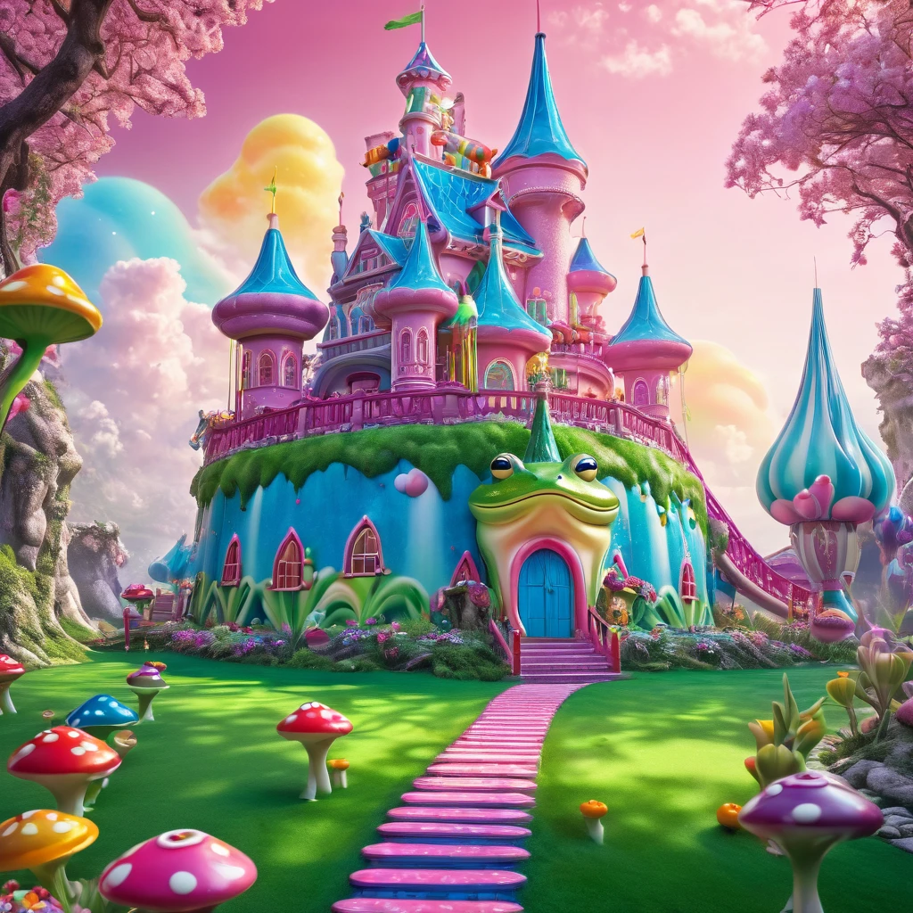 A castle made of candy and yummy food, with sexy frog women peasants going about their dreamland day. (best quality,4k,8k,highres,masterpiece:1.2),ultra-detailed,(realistic,photorealistic,photo-realistic:1.37), candy castle, vibrant colors, delicious treats, mouth-watering sweets, sugary fantasy, enchanting atmosphere, whimsical environment, magical setting, alluring frog women, seductive appearances, captivating eyes, luscious lips, graceful movements, charming outfits, playful attitude, dreamlike ambiance, sweet aroma of confections, magical lighting. notes: - "candy castle" Set as the first tag to represent the main body of the screen - "best quality,4k,8k,highres,masterpiece:1.2" and "ultra-detailed" Increased image quality - "(realistic,photorealistic,photo-realistic:1.37)" Increased image quality and specified style - "vibrant colors" Describes the color hue - "delicious treats, mouth-watering sweets" 描述了材质and场景细节 - "sugary fantasy, enchanting atmosphere, whimsical environment, magical setting, dreamlike ambiance" 描述了整体氛围and场景 - "alluring frog women, seductive appearances, captivating eyes, luscious lips, graceful movements, charming outfits, playful attitude" 描述了人物细节and姿势 - "sweet aroma of confections"Describes the atmosphere of the scene - "magical lighting" Describes the lighting effects of the picture