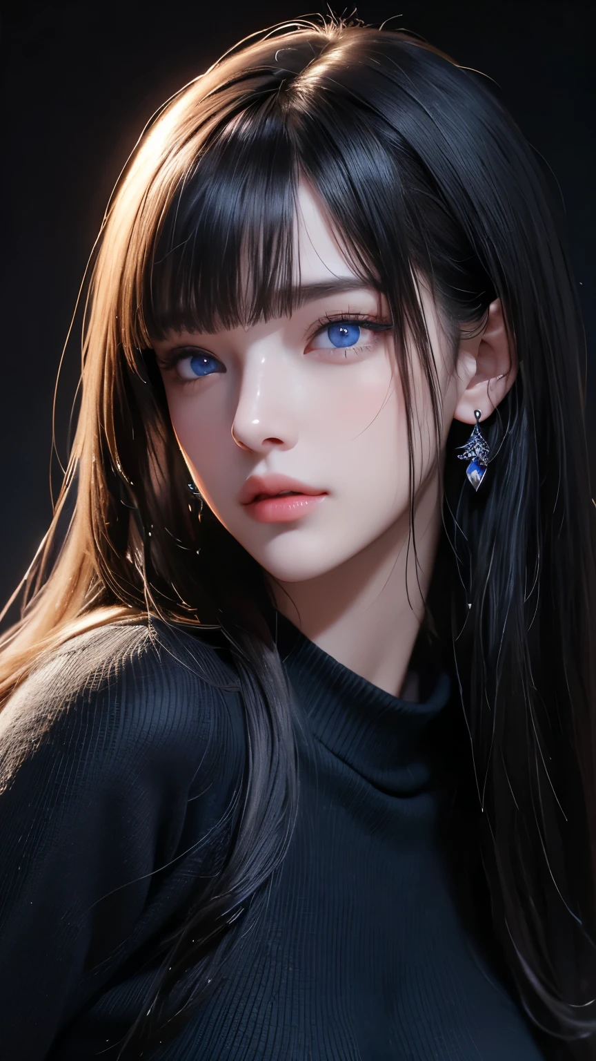 masterpiece, highest quality, Super detailed, Facing the camera, Super detailed, Realistic, Sharp features, Very detailed, Sharp focus, Perfect Face, Perfect Face, Perfect symmetrical perfect eyes, Perfect Plump Lips, Flexible female form, Cinematic, Film Light, Super detailed, hyper Realistic, masterpiece, Atmospheric, High resolution, Vibrant, Dynamic Studio Lighting, ((Dark Background)), The expression when enduring pleasure, Straight bangs, blue eyes,Black sweater, Cowboy Shot,turtleneck、first round、Sexually aroused expression、Accessories on the chest