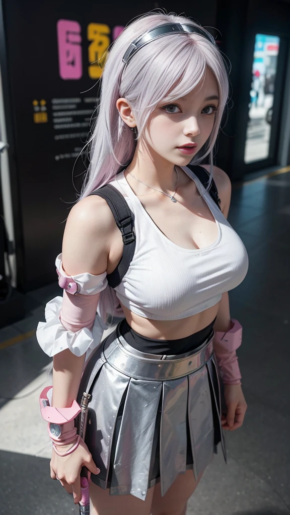arafed woman in a white top and silver skirt holding a pink and white sword, anime girl cosplay, oppai cyberpunk, anime cosplay, belle delphine, perfect android girl, cosplay, trending at cgstation, as overwatch character, waifu, female cyberpunk anime girl, cyberpunk anime girl, sakura kinomoto, e-girl, e - girl