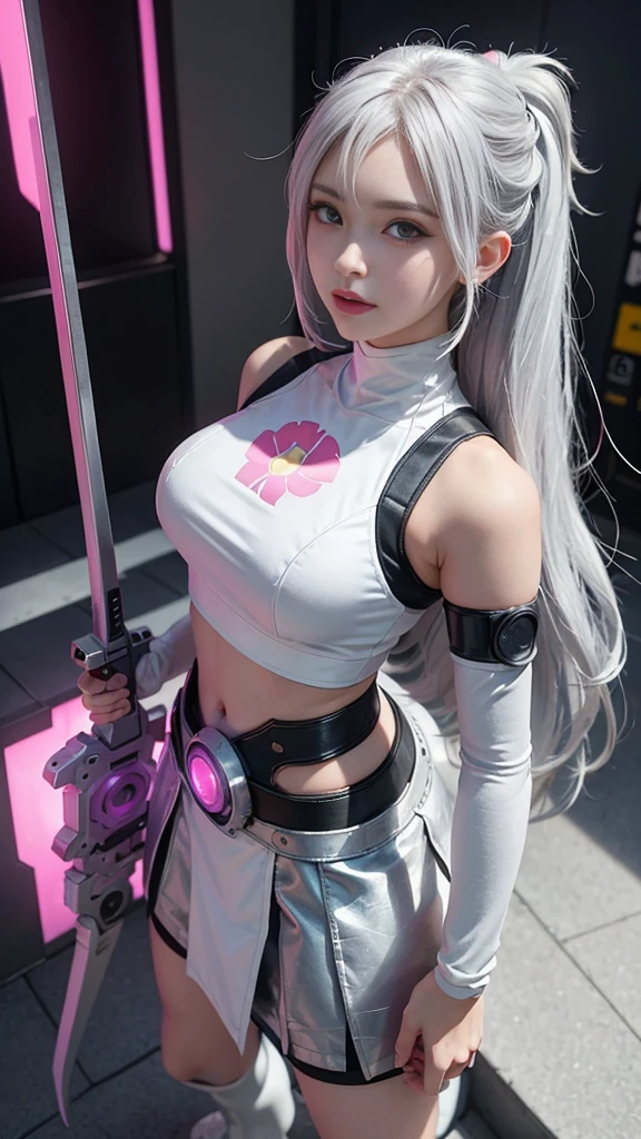 arafed woman in a white top and silver skirt holding a pink and white sword, anime girl cosplay, oppai cyberpunk, anime cosplay, belle delphine, perfect android girl, cosplay, trending at cgstation, as overwatch character, waifu, female cyberpunk anime girl, cyberpunk anime girl, sakura kinomoto, e-girl, e - girl