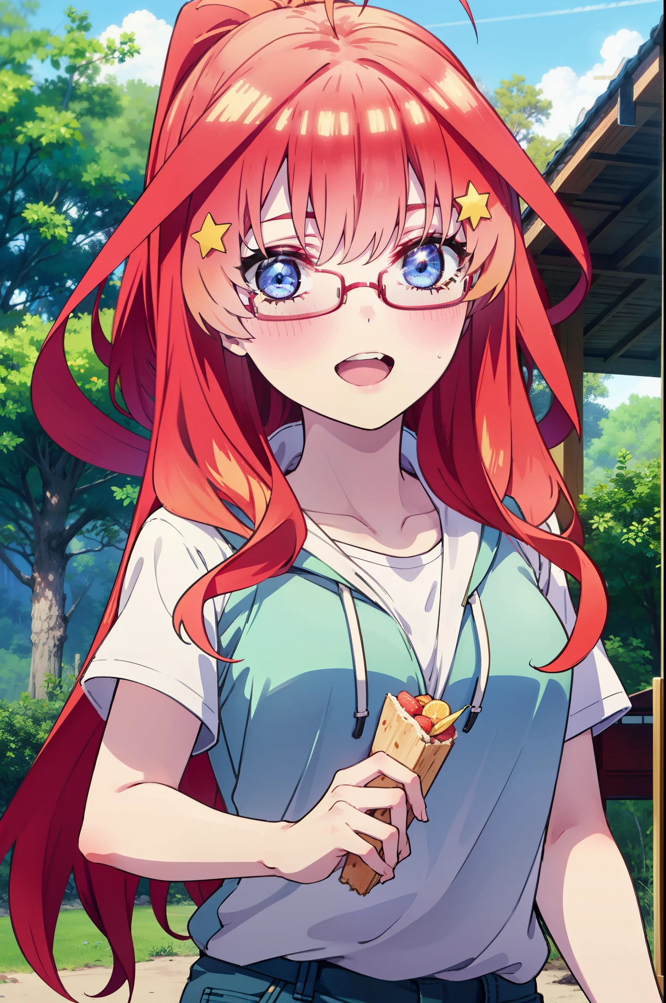 itsukinakano, Itsuki Nakano, bangs, blue eyes, Hair between the eyes, Ahoge, Redhead, star \(symbol\), hair ornaments, star hair ornaments,Akagi glasses, tooth, smile, Open your mouth,ponytail,Red hoodie,Short sleeve,Baseball cap,Food Up,Red Tank Top Shirt,Short denim,Red Knee High Socks,High Top Sneakers,Daytime,sunny,Real Summer,barbecue,tent,
break looking at viewer, Upper Body, whole body,(Cowboy Shot:1. 5)
break outdoors, forest, nature,camp site,
break (masterpiece:1.2), highest quality, High resolution, unity 8k wallpaper, (shape:0.8), (Beautiful details:1.6), Highly detailed face, Perfect lighting, Extremely detailed CG, (Perfect hands, Perfect Anatomy),