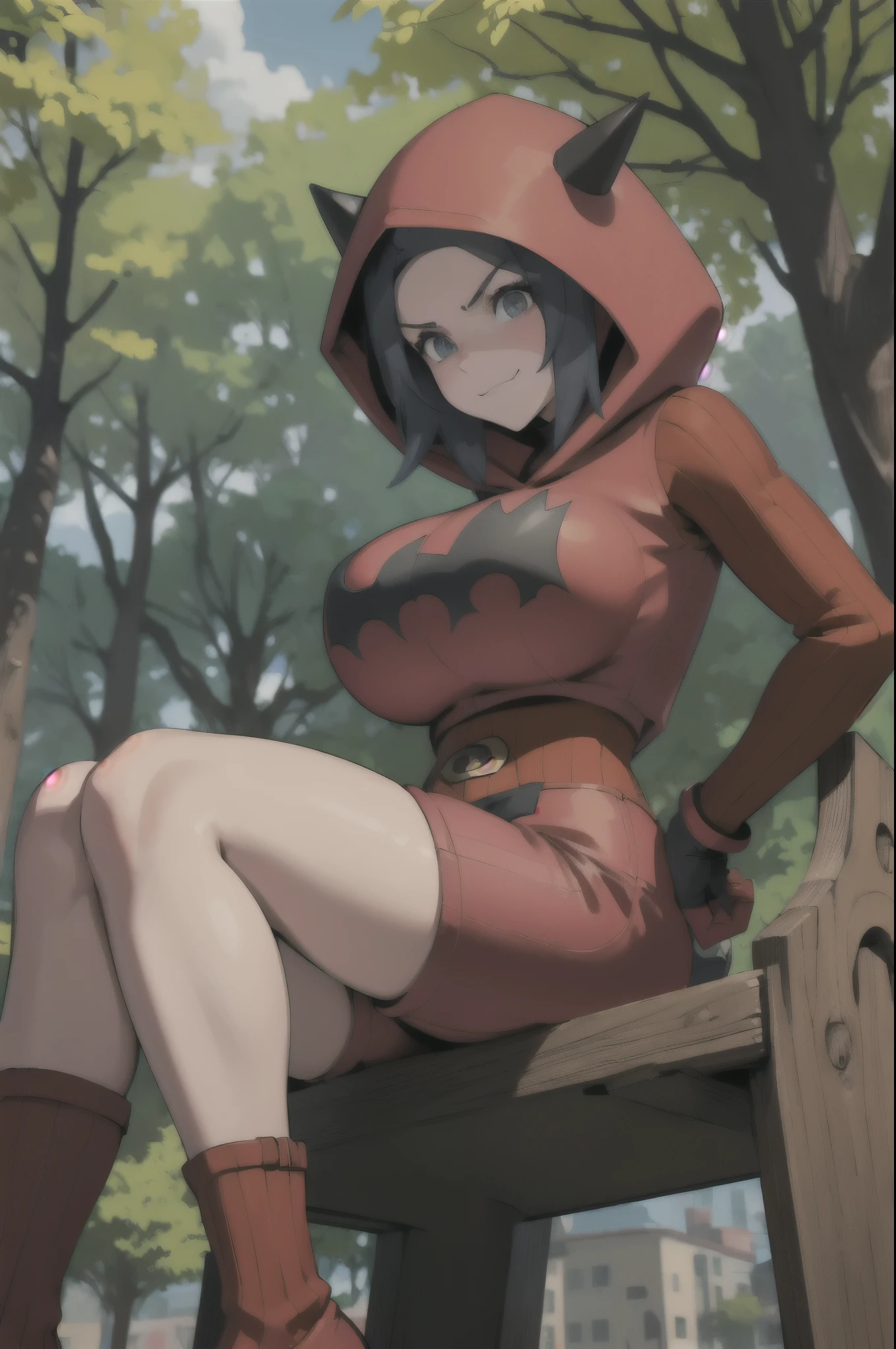 masterpiece, best quality, pkmntmg, fake horns, hoodie, red shorts, gloves, red boots, from side, sitting, bench, road, trees, smirk, looking at viewer, large breasts, huge breasts, amazing breasts,