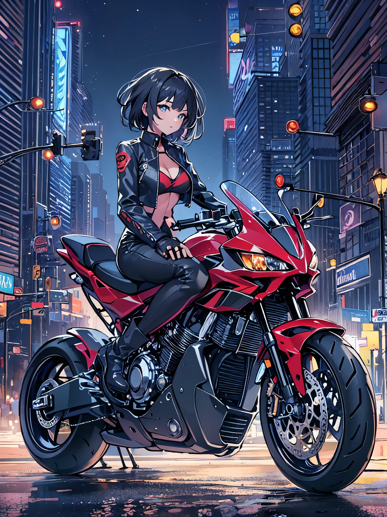 best quality, masterpiece, highres, 1girl, solo, solo focus, blue bodysuit, red bodice, black boots, black leather jacket, fingerless gloves, black hair, short hair, wavy hair, hazel eyes, beautiful detailed eyes, beautiful detailed face, (perfect hands), perfect anatomy, perfect proportions, medium breasts, helmet, mecha, (motorcycle, on motorcycle, sitting on motorcycle, riding on motorcycle), vehicle focus, New York street backdrop, night noir atmosphere)