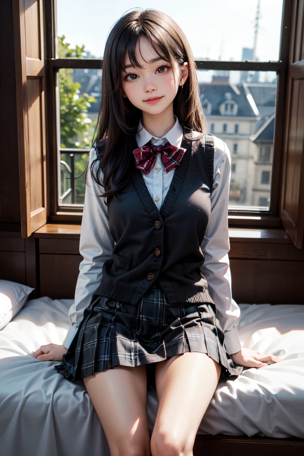 very cute and beautiful girl,(highly detailed beautiful face),
standing near bed sheet,detailed legs,plaid vest,long sleeve white blouse,
looking at viewer,(smile:1.2),happy,blush,embarrassed BREAK cosmetic bags and fashion bag lie on bed,
tight pleated black mini skirt,black hair,
antique hotel bedroom,window,distant trees and town,dim light,
(best quality,masterpiece),absurdres,highres,ultra-detailed,extremely detailed,32k,8k resolution,
intricate details,cinematic scene,detailed background,solo,dynamic angle,