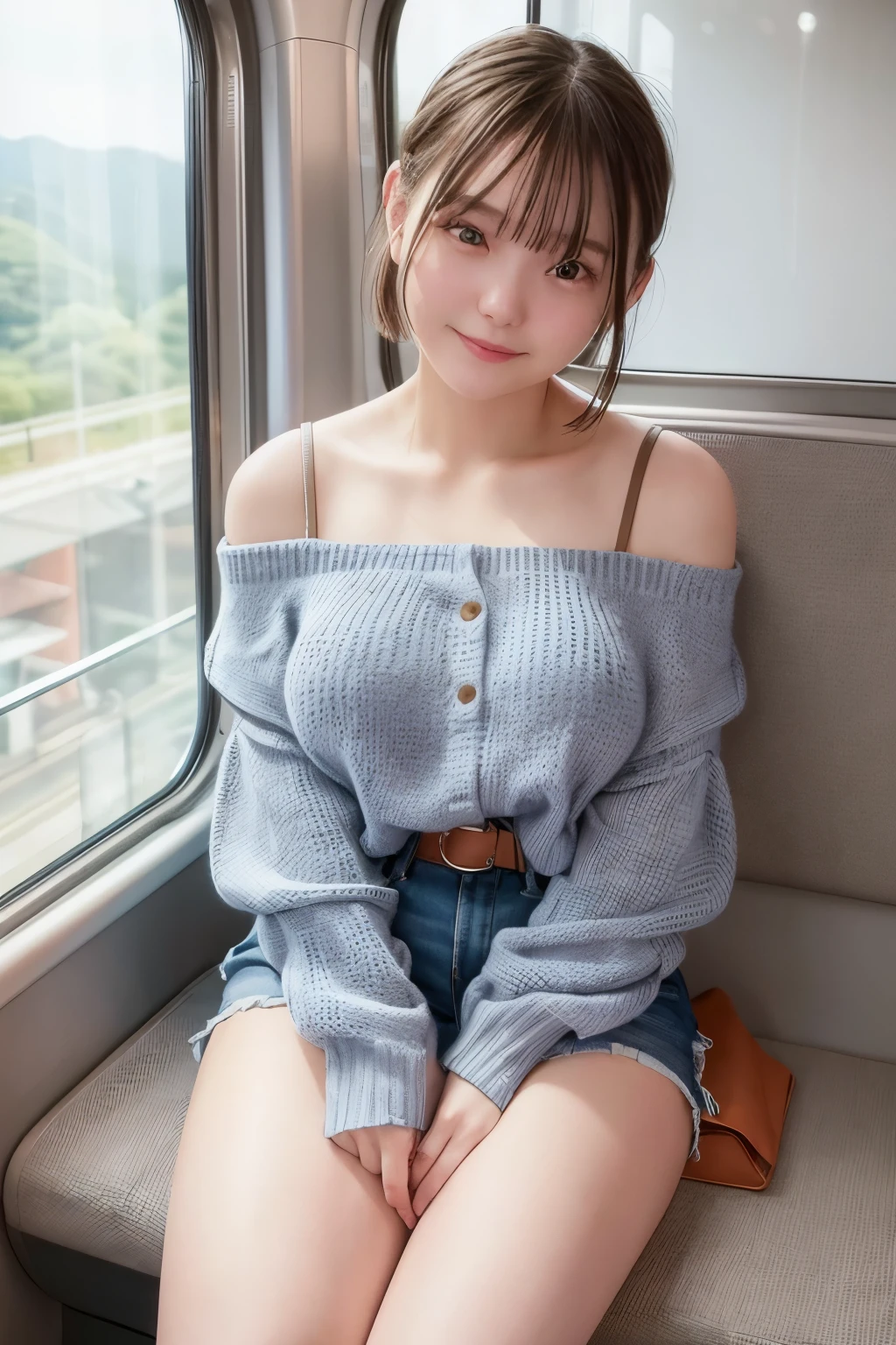 highest quality, masterpiece, Ultra-high resolution, (reality: 1.4), Original photo, One Girl, mature, Off-shoulder summer knitwear、Shorts、 Smile, short hair, Button gap, sit in a train seat, Cinema Lighting, Horizontal sheet、 View from the train window