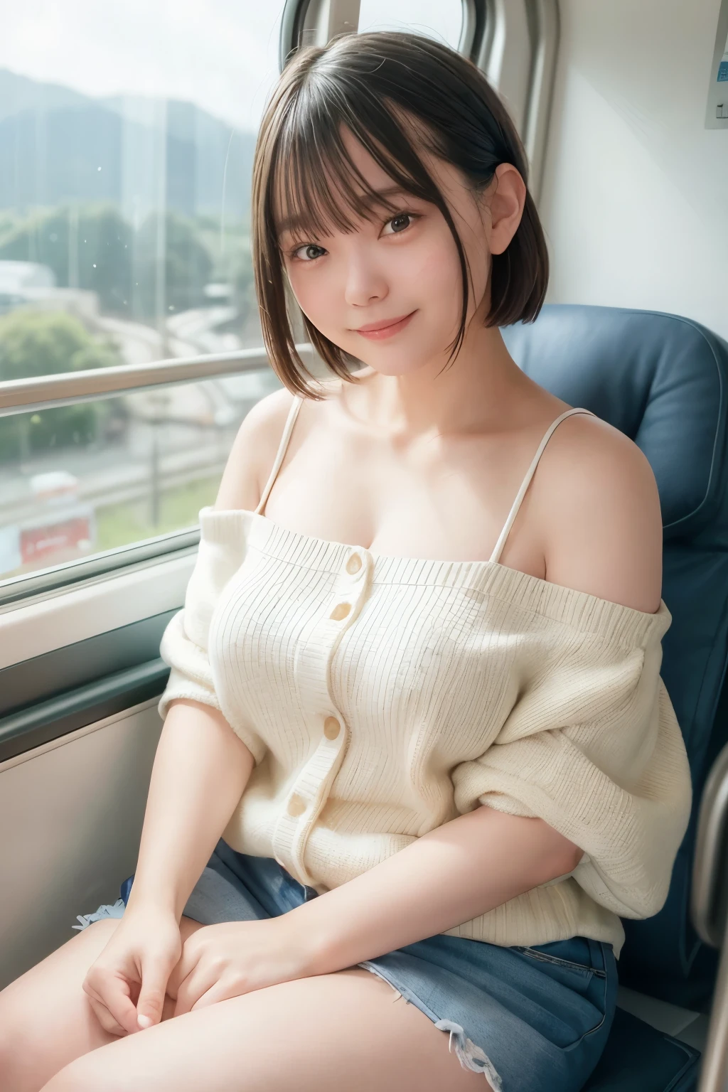 highest quality, masterpiece, Ultra-high resolution, (reality: 1.4), Original photo, One Girl, mature, Off-shoulder summer knitwear、Shorts、 Smile, short hair, Button gap, sit in a train seat, Cinema Lighting, Horizontal sheet、 View from the train window