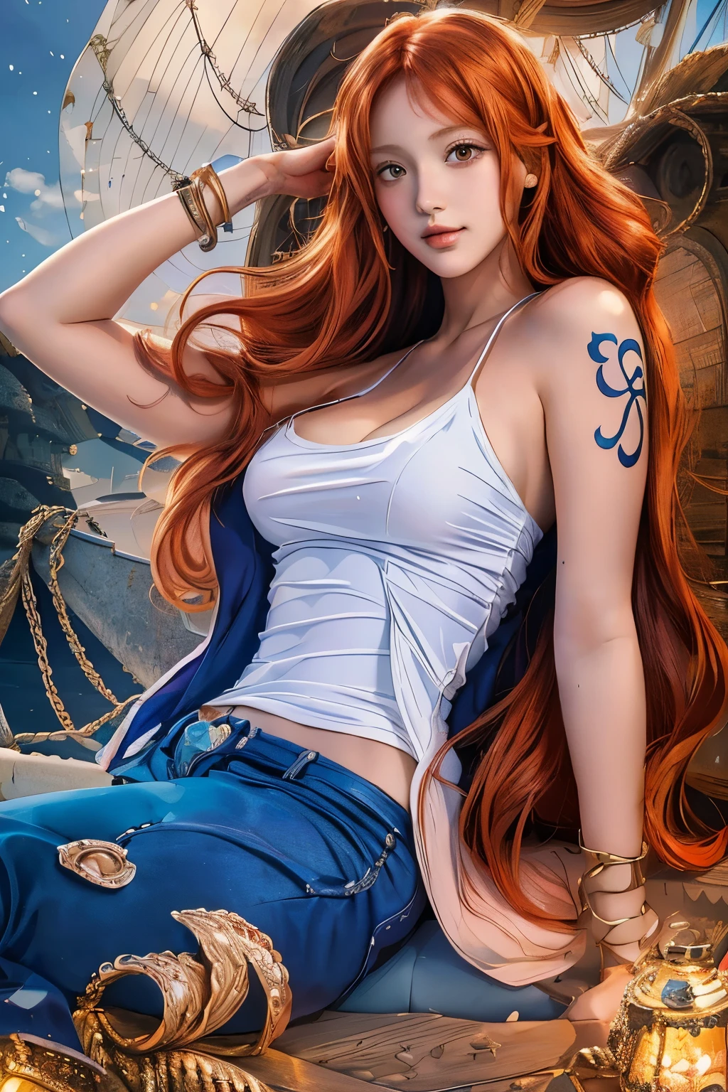 There is a woman with long red hair sitting on a boat., A beautiful portrait of Nami, Enchanting anime girl, Beautiful and attractive anime woman, Nami One Piece, style ArtJam, extremely detailed ArtJam, Nami from One Piece, ArtJam. Anime illustration, Redhead Goddess, style ivan talavera and ArtJam