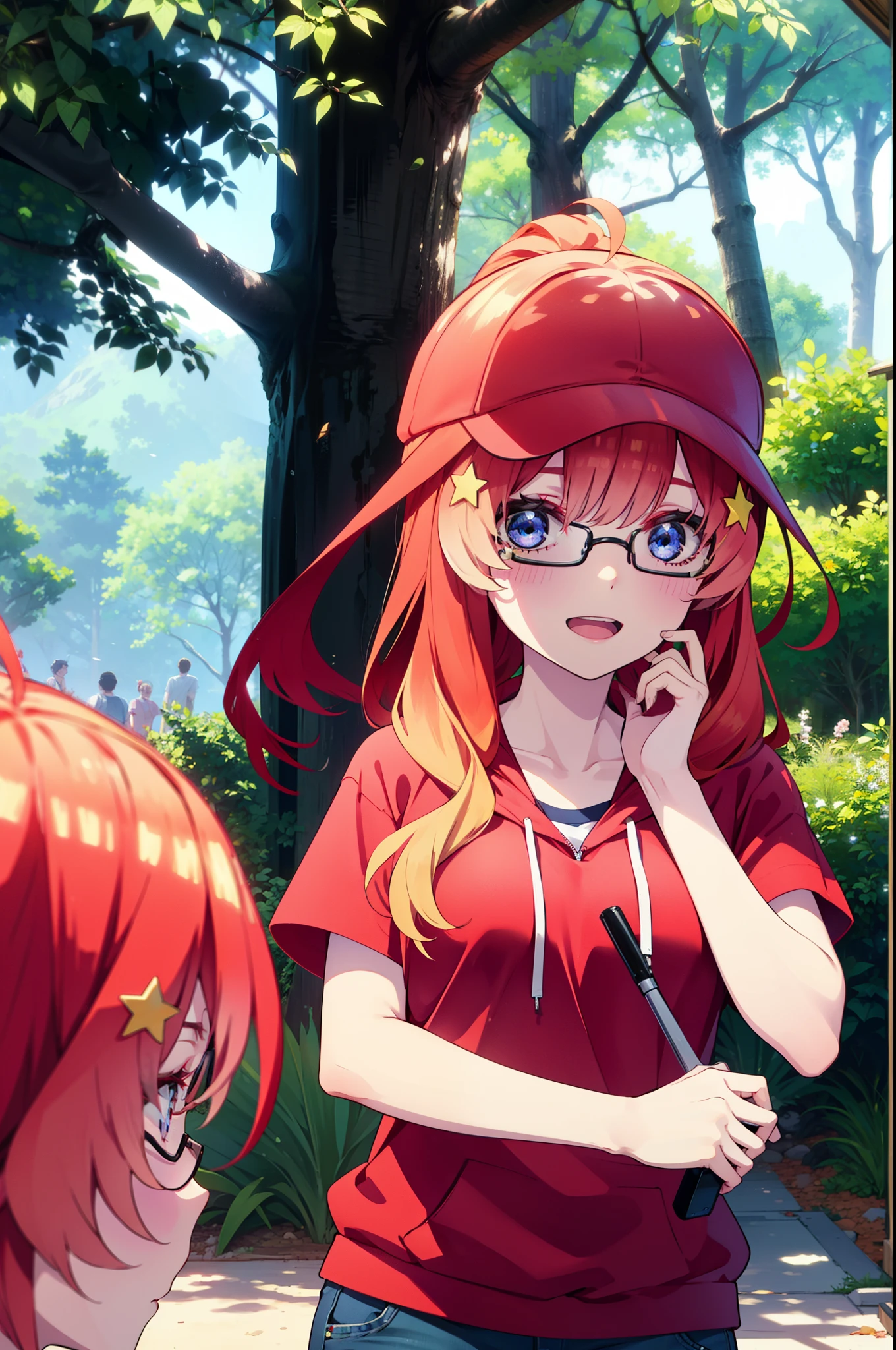 itsukinakano, Itsuki Nakano, bangs, blue eyes, Hair between the eyes, Ahoge, Redhead, star \(symbol\), hair ornaments, star hair ornaments,Akagi glasses, tooth, smile, Open your mouth,ponytail,Red hoodie,Short sleeve,Baseball cap,Food Up,Red Tank Top Shirt,Short denim,Red Knee High Socks,High Top Sneakers,Daytime,sunny,Real Summer,barbecue,tent,
break looking at viewer, Upper Body, whole body,(Cowboy Shot:1. 5)
break outdoors, forest, nature,camp site,
break (masterpiece:1.2), highest quality, High resolution, unity 8k wallpaper, (shape:0.8), (Beautiful details:1.6), Highly detailed face, Perfect lighting, Extremely detailed CG, (Perfect hands, Perfect Anatomy),