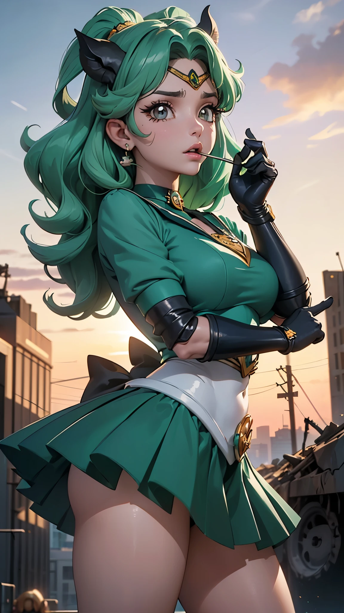 (La mejor calidad,A high resolution,Ultra - detallado,actual),Ariana Grande (Uniformes de marineras senshi:1.4), cabello verde oscuro, cabello mediano, Falda suplicante, (Guantes blancos de codo:1.1), joya, pecho mediano, dynamic background, dynamic posture,More detailed 8K.motor irreal:1.4,HD,La mejor calidad:1.4, fotorrealista:1.4, textura de la piel:1.4, obra maestra:1.8,obra maestra, mejor calidad,objeto Objeto], (rasgos faciales detallados:1.3),(dedos detailed :1.4 ),(Apocalyptic city destroyed:1.7), gargantilla, (Guante Blanco:1.4), gargantilla verde, Arboledas de codos, joya,(fondo atardecer:1.4),(Marinero Neptuno:1.4),(pose vaquero :1.4), (ojos hermosos verdes :1.4), ,( ciberpunk 2.1), (estilo kawaii :1.4) 