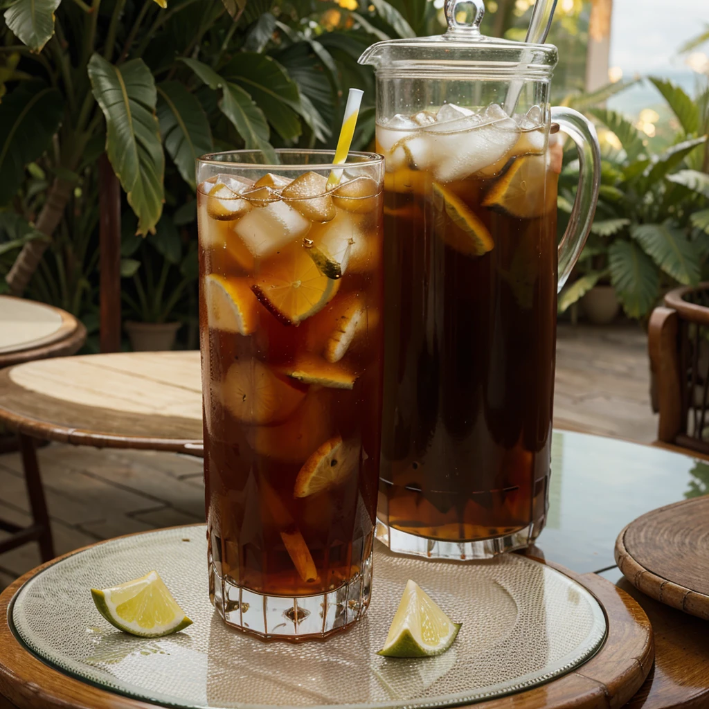 Full Glass of Iced tea placed on a table in an exotic place