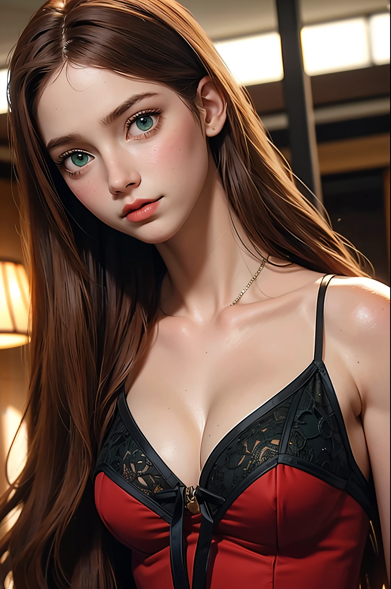 red middle length hair girl with green eyes in fine clothes, huge breasts, amazing cleavage,