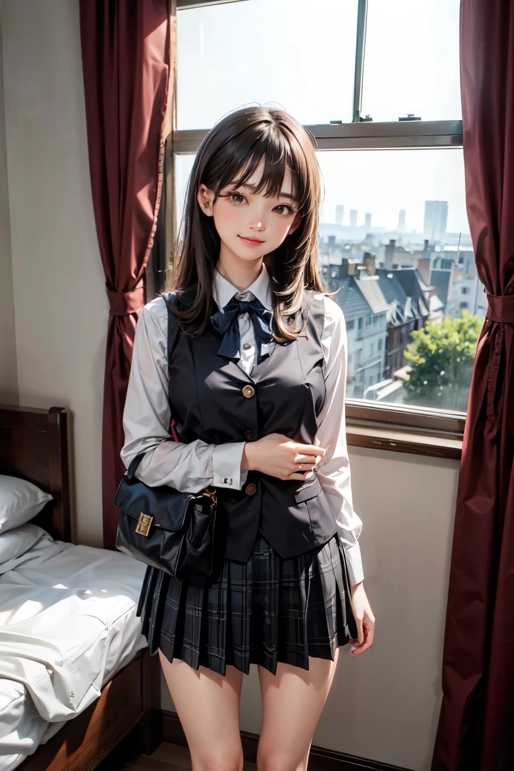 very cute and beautiful girl,(highly detailed beautiful face),
standing near bed sheet,detailed legs,plaid vest,long sleeve white blouse,
looking at viewer,(smile:1.2),happy,blush,embarrassed BREAK cosmetic bags and fashion bag lie on bed,
tight pleated black mini skirt,black hair,
antique hotel bedroom,window,distant trees and town,dim light,
(best quality,masterpiece),absurdres,highres,ultra-detailed,extremely detailed,32k,8k resolution,
intricate details,cinematic scene,detailed background,solo,dynamic angle,