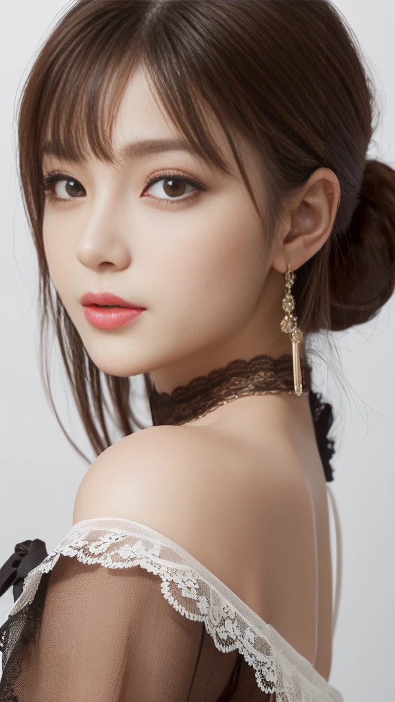 Generated in SFW, (1 Female:1.37), Above the knee shot, (From the side:1.21), Japanese women, 17 year old supermodel, Skinny body, (very small head), (Very small face), (Perfect Anatomy:1.37), Anatomically correct body shape, Golden Ratio, (highest quality:1.4), 32k resolution, (Realistic:1.5), (超Realistic:1.5), High resolution UHD, (masterpiece:1.2)), (Improvement of quality:1.4), (Very beautiful facial details), (highest qualityのリアルな質感の肌:1.4), Fit-fit uniforms, ((lace fabric dress:1.37)),See-through fabric、 Big earrings, necklace, (Show me your side boob:1.1), ((No background:1.15)), Accurate Fingers, Very detailed, Symmetrical eyes, Thin lashes, Sharpen your eyebrows, ((Very detailedな人物写真)), Emphasis on bust top, Red cheeks, Ultra-realistic eyes, Perfect Lips, Perfect Eyes, Perfect Iris, Natural Makeup, [Pink lipstick], ((A great eye for quality:1.2)), (tired, Sleepy and satisfied:0.0), (Beautiful Lips:1.33), (Great nose:1.2), (Flat Chest), Tight waist, (Slim lower body), Brown Hair, (bangs:1.37), ((Realistic)), ((Sharp focus)), (Highest Resolution), ((The most ridiculous quality)), ((masterpiece)), Professional Cinema Lighting,Tie your hair up、Off the shoulder、