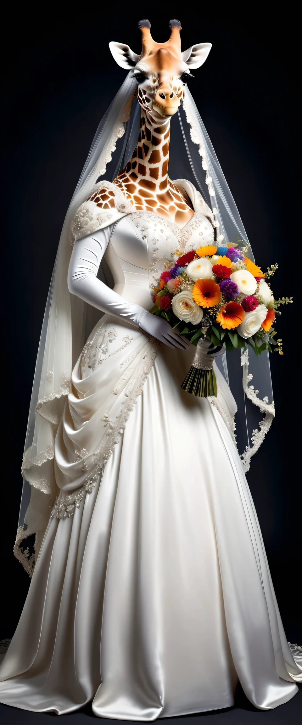 photorealistic portrait of Dressed animals - a ((fat)) giraffe bride,(elegant pose),(closed mouth),(furry), high quality,(lovely) ,intricate details, highly detailed (gothic white wedding dress)),wearing opera globes ,wearing highly detailed veil, highly detailed decorations ,holding flower bouquet, (happy), studio lighting,(full body image:2.0)