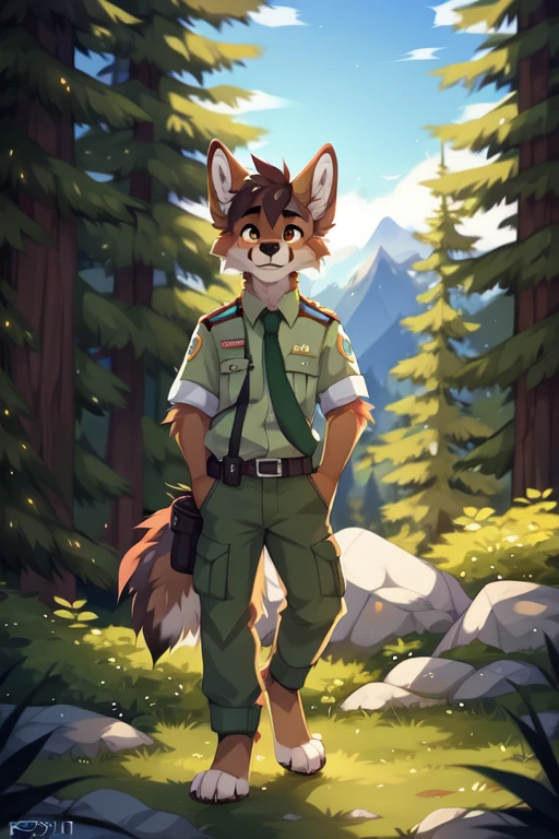 solo,full body,Male,coyote,park ranger,trousers,outdoor,park ranger green tie,((Campaign Cover)),Evergreen pine forest and mountains national park in the background,park ranger jeep,Environmental protection area, ((by keihound, by reysi)), by Zackary911, by hyattlen, by fumiko, by fluff-kevlar, Furry, Anthro,