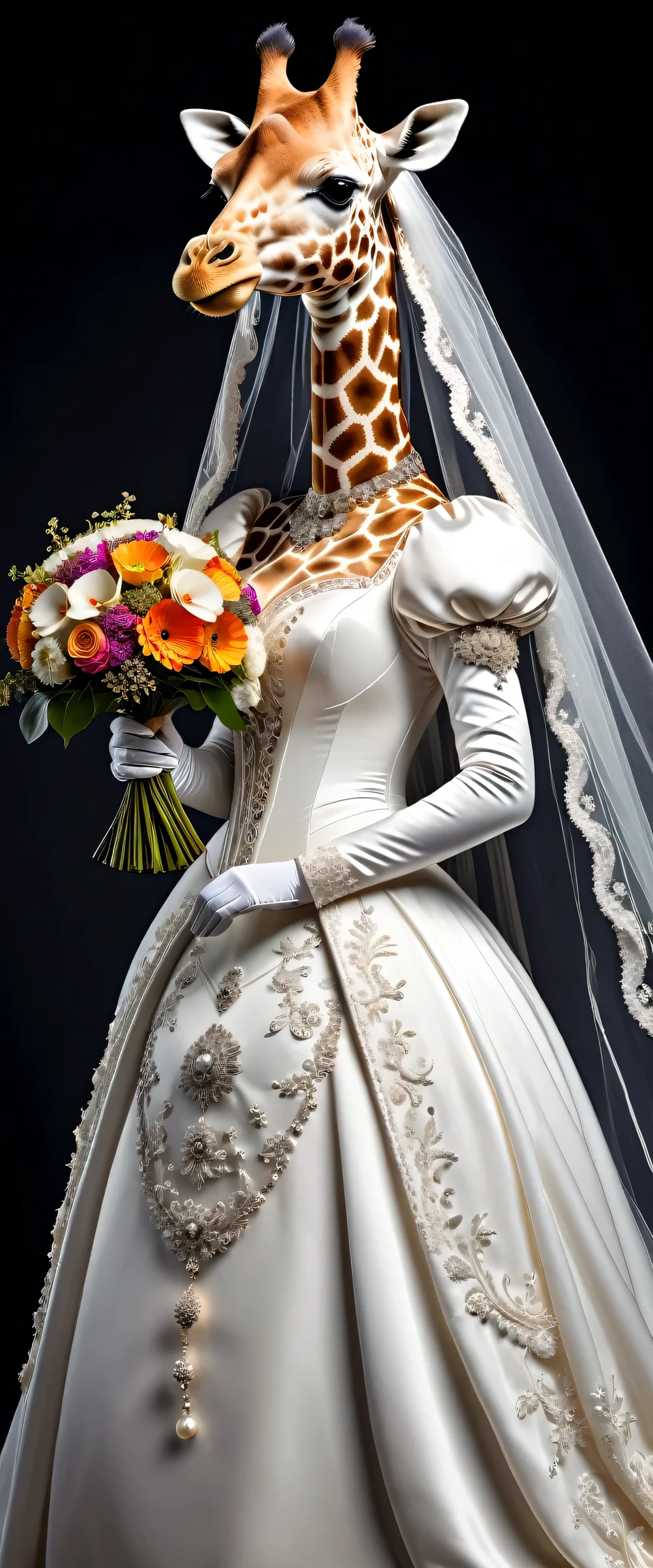 photorealistic portrait of Dressed animals - a ((fat)) giraffe bride,(elegant pose),(closed mouth),(furry), high quality,(lovely) ,intricate details, highly detailed (gothic white wedding dress)),wearing opera globes ,wearing highly detailed veil, highly detailed decorations ,holding flower bouquet, (happy), studio lighting,(full body image:2.0)