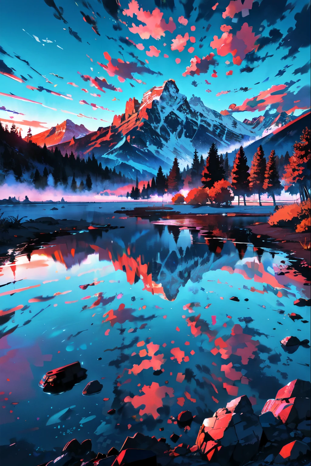 "Dramatic sunset over a majestic mountain range, with vivid, fiery clouds and a serene lake reflecting the orange and pink sky. A vintage van parked on a wet road, enhancing the reflection and adding a sense of journey. The mountains are steep and rugged, painted in shades of purple and blue, creating a striking contrast with the warm sky. This scene combines elements of digital art with a painterly style, focusing on dramatic lighting and rich, saturated colors. --v 6.0 --style raw --ar 9:16"