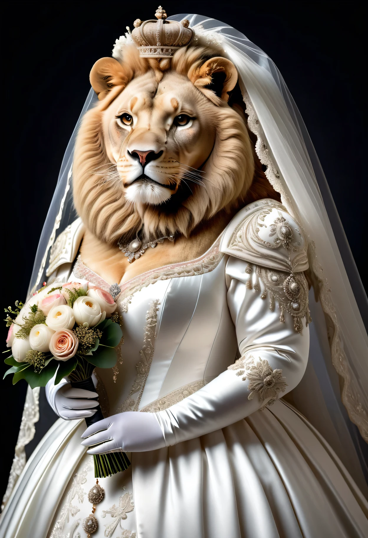 photorealistic portrait of Dressed animals - a ((fat)) lion bride,(elegant pose),(closed mouth),(furry), high quality,(lovely) ,intricate details, highly detailed (gothic white wedding dress)),wearing opera globes ,wearing highly detailed veil, highly detailed decorations ,holding flower bouquet, (happy), studio lighting,()