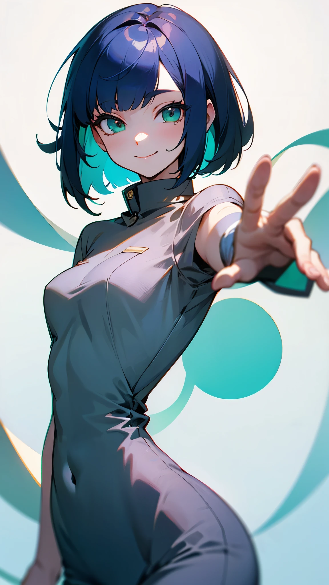 Dark blue hair、Bob Hair、Green round eyes、Slender body、High school girls、Bright smile