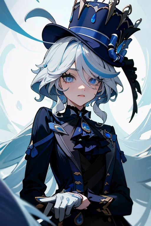 Masterpiece, best quality, expressive eyes, perfect face, 1girl, full body, furina (\Genshin Impact)\, black headwear, white gloves, ascot, ((black shorts)), detailed lips, beautiful long eyelashes, lustrous skin, top hat, blue eyes, blue hair, streaked hair, white hair, upper body