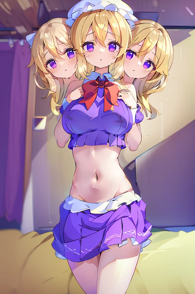 (masterpiece, best quality),best quality, (ultra-detailed), (3heads:1.5), 1girl, (maribel hearn:1.3), masterpiece, best quality, ultra quality, ultra resolution, ultra detail, purple top, crop top, ((stomach)), midriff, ((groin)), purple skirt, frilled skirt, miniskirt, normal ears, shackles, blonde hair, very long hair, wavy hair, sidelocks, purple eyes, parted lips, single horn, sweat, cute, toned belly, hand on own chest, eyelashes, (24 year old woman:1.3), (masterpiece:1.5), (best quality:1.5), (beautiful detailed extremely detailed CG, extremely delicate and beautiful, depth of field, (finely detailed face), (perfect details:1.3), (mature female:1.3), wide pelvis, slender, large veiny breast, 16k resolution, highres, high quality, high definition, extremely detailed, masterpiece, best quality, blonde hair, long hair, alluring presence, twin braid, short skirt, close up, big tits, young, mob cap, white headwear, red bow on hat, skirt hold, hair between the eyes, nsfw, open belly, midriff, cowboy shot, looking at viewer,
