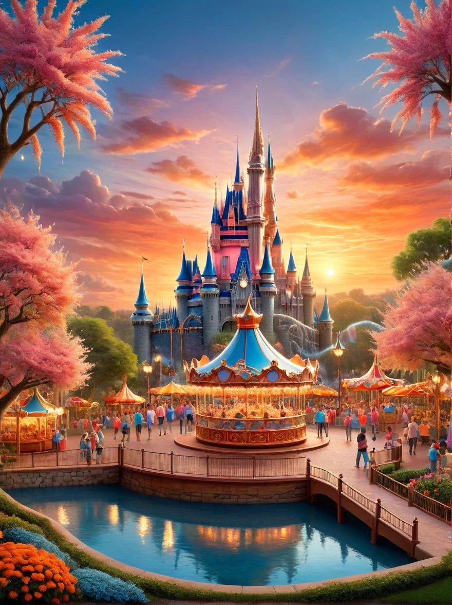 This is a miniature scene.，An intricately detailed painting showcasing the wonderful magic of Walt Disney World, The image features the iconic Cinderella's Castle, standing majestically against a breathtaking sunset, with beautiful arrays of orange and pink hues, The castle, beautifully lit, reflects on the pristine waters below. In the foreground, there's a charming carousel, and bunch of perfectly pruned trees adding to the scenic beauty, Children and adults of diverse descents and genders are seen enjoying around, A fireworks show is exploding in the multi-colored sky, creating a dreamy atmosphere, Overall, the scene carries a feeling of excitement and magic，Lush Landscape, spring, rain, Soft Mist,HD natural light, Tilt-Shift Photography, Photography, Octane Rendering