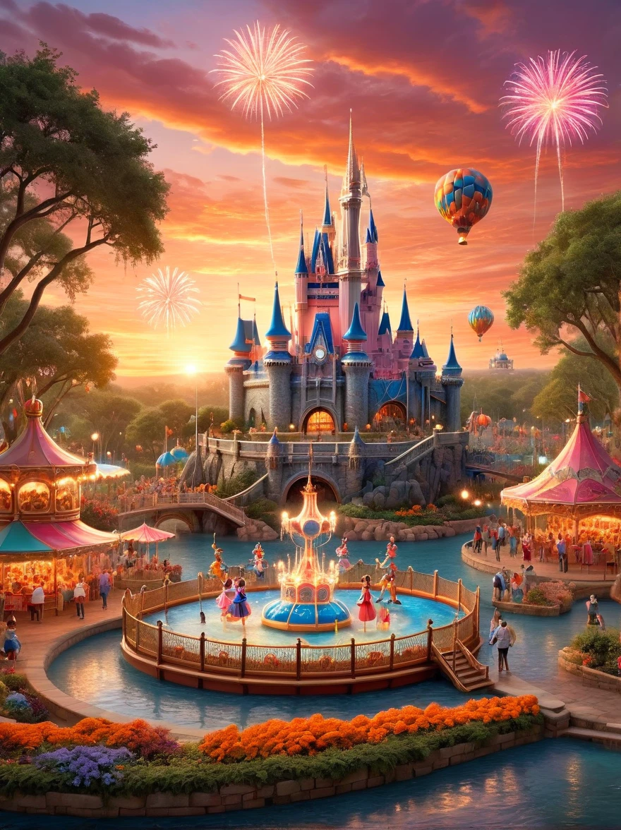 This is a miniature scene.，An intricately detailed painting showcasing the wonderful magic of Walt Disney World, The image features the iconic Cinderella's Castle, standing majestically against a breathtaking sunset, with beautiful arrays of orange and pink hues, The castle, beautifully lit, reflects on the pristine waters below. In the foreground, there's a charming carousel, and bunch of perfectly pruned trees adding to the scenic beauty, Children and adults of diverse descents and genders are seen enjoying around, A fireworks show is exploding in the multi-colored sky, creating a dreamy atmosphere, Overall, the scene carries a feeling of excitement and magic，Lush Landscape, spring, rain, Soft Mist,HD natural light, Tilt-Shift Photography, Photography, Octane Rendering