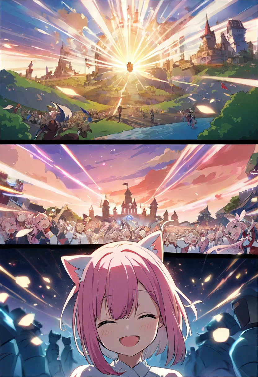 kawai anime girl looking at the horizon with a castle floating in the distance and people in the distance with powers, pink hair, happy, cat ears and panorama mode image that shows the landscape and that the girl does not look at the camera and that her entire body is seen, with a smile on her face, closing her eyes, with a katana hanging on her anime waist, anime, anime!!! 4k