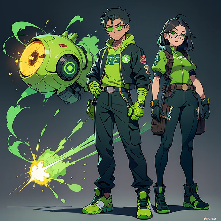 Chica heroina ,tez mestiza ,cabello negro ,chino y corto, ojos verde neon y una mirada fuerte, tiene lentes y usa un traje de mecanismos y su poder es gas verde. His suit includes a belt with green smoke flares and also gloves to create smoke explosions., tambien sus zapatos son botas mecanicas roboticas