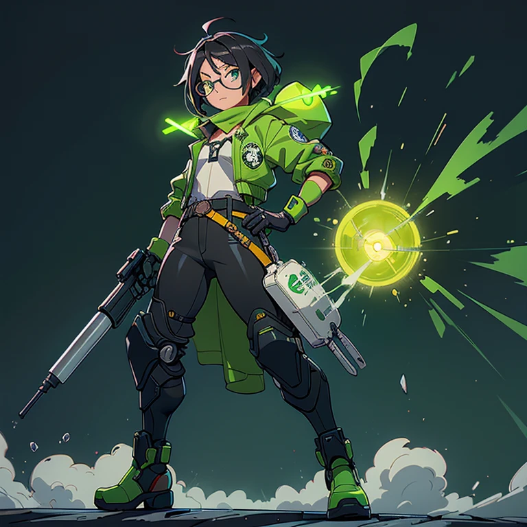 Chica heroina ,tez mestiza ,cabello negro ,chino y corto, ojos verde neon y una mirada fuerte, tiene lentes y usa un traje de mecanismos y su poder es gas verde. His suit includes a belt with green smoke flares and also gloves to create smoke explosions., tambien sus zapatos son botas mecanicas roboticas