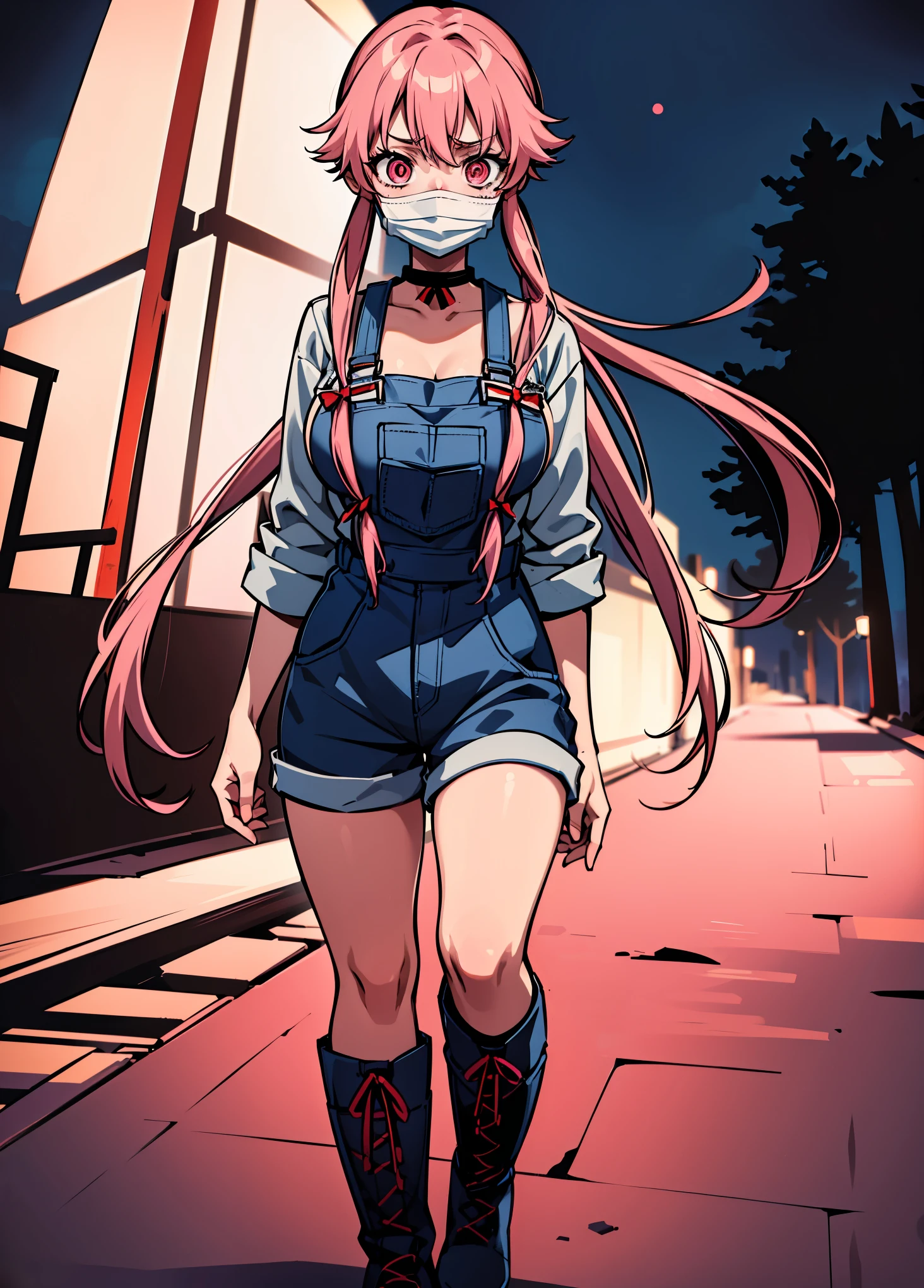 explicit, beautiful, amazing, high quality, detailed background, a woman with large breast in a woods, 1girl, breasts , , , pink hair, large breasts, twintails, long hair, solo focus, mirai nikki, black choker, dark grey overalls, leather gloves, black boots, ((face mask)), red eyes, chasing you through the woods, ((nigth)), crazy, ((crazy eyes)), ((crazy stare)) holding a bloody knife, (fanart of Gasai Yuno), (angry eyes:1.1), (perfect hands:1.4), (masterpiece), best quality, expressive eyes, VHS, ((nigth)), (Parfect Hand:1.3), 4k, 8k, 1980s, from below, (standing over you), wearing a jacket, (Blood:1.1)