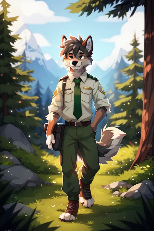 solo,full body,Male,Gray Wolf,park ranger,trousers,outdoor,park ranger green tie,((Campaign Cover)),Evergreen pine forest and mountains national park in the background,park ranger jeep,Environmental protection area, ((by keihound, by reysi)), by Zackary911, by hyattlen, by fumiko, by fluff-kevlar, Furry, Anthro,