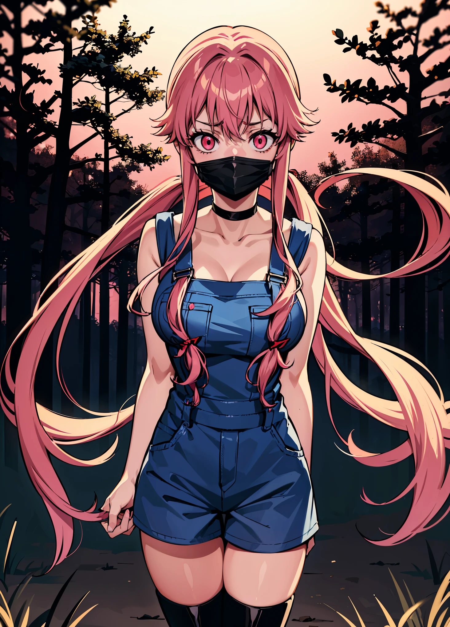 explicit, beautiful, amazing, high quality, detailed background, a woman with large breast in a woods, 1girl, breasts , , , pink hair, large breasts, twintails, long hair, solo focus, mirai nikki, black choker, dark grey overalls, leather gloves, black boots, ((face mask)), red eyes, chasing you through the woods, ((nigth)), crazy, ((crazy eyes)), ((crazy stare)) holding a bloody knife, (fanart of Gasai Yuno), (angry eyes:1.1), (perfect hands:1.4), (masterpiece), best quality, expressive eyes, VHS, ((nigth)), (Parfect Hand:1.3), 4k, 8k, 1980s, from below, (standing over you), wearing a jacket, (Blood:1.1)